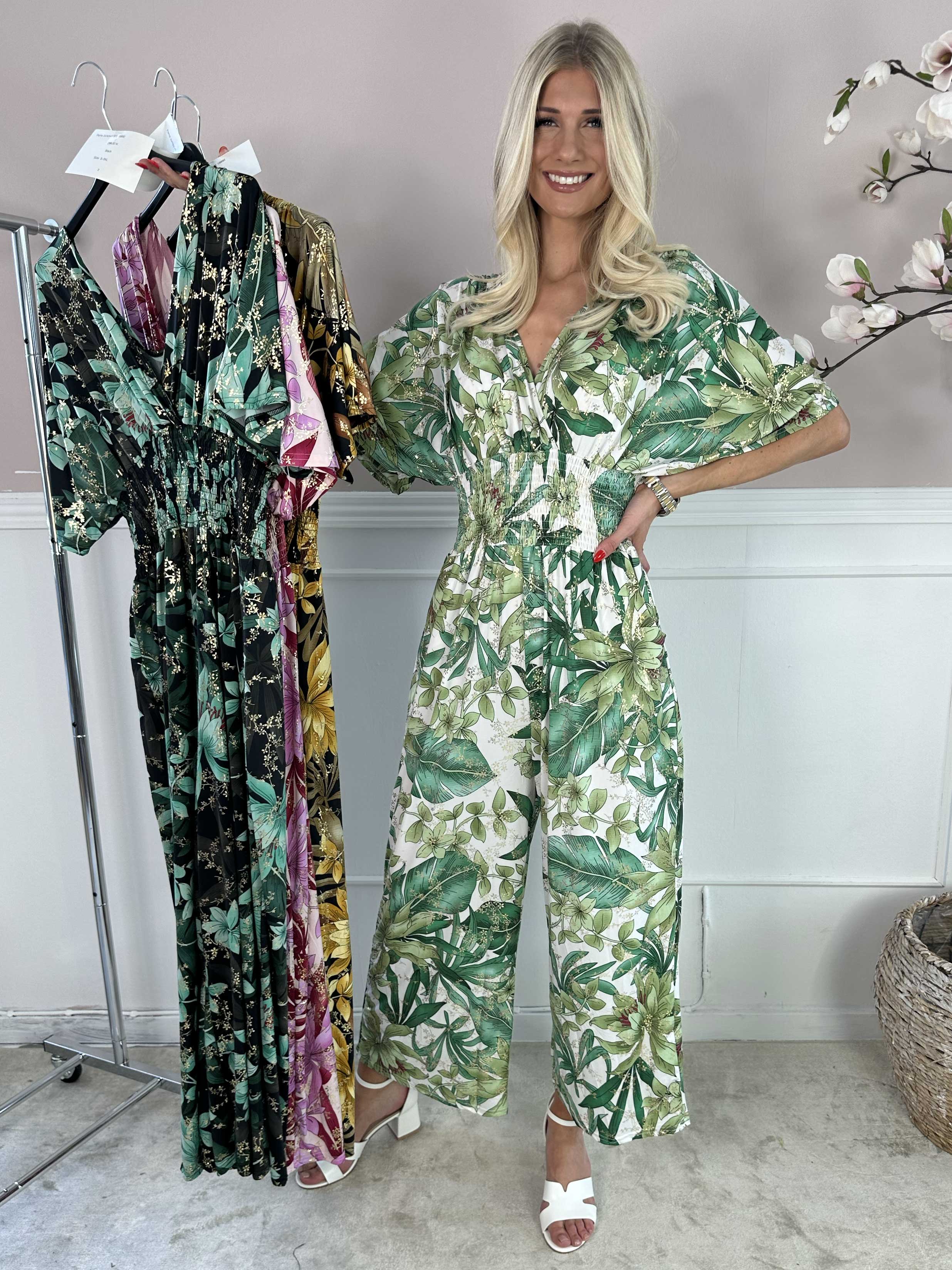 Pams Jumpsuit - Elastisk buksedragt med bladmønster