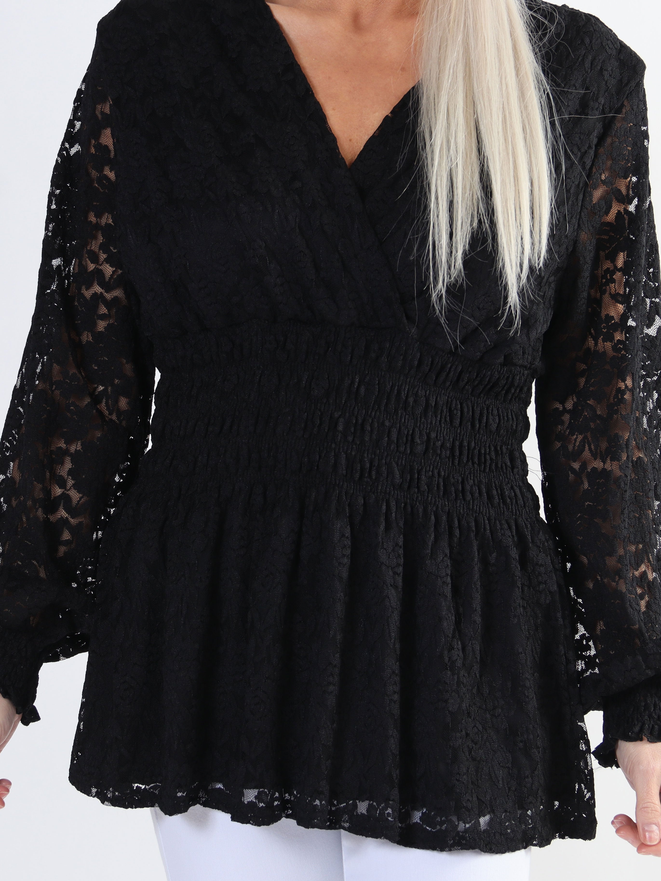 Pams Lace Shirt L/S - Elastisk plus size blonde bluse med lange ærmer