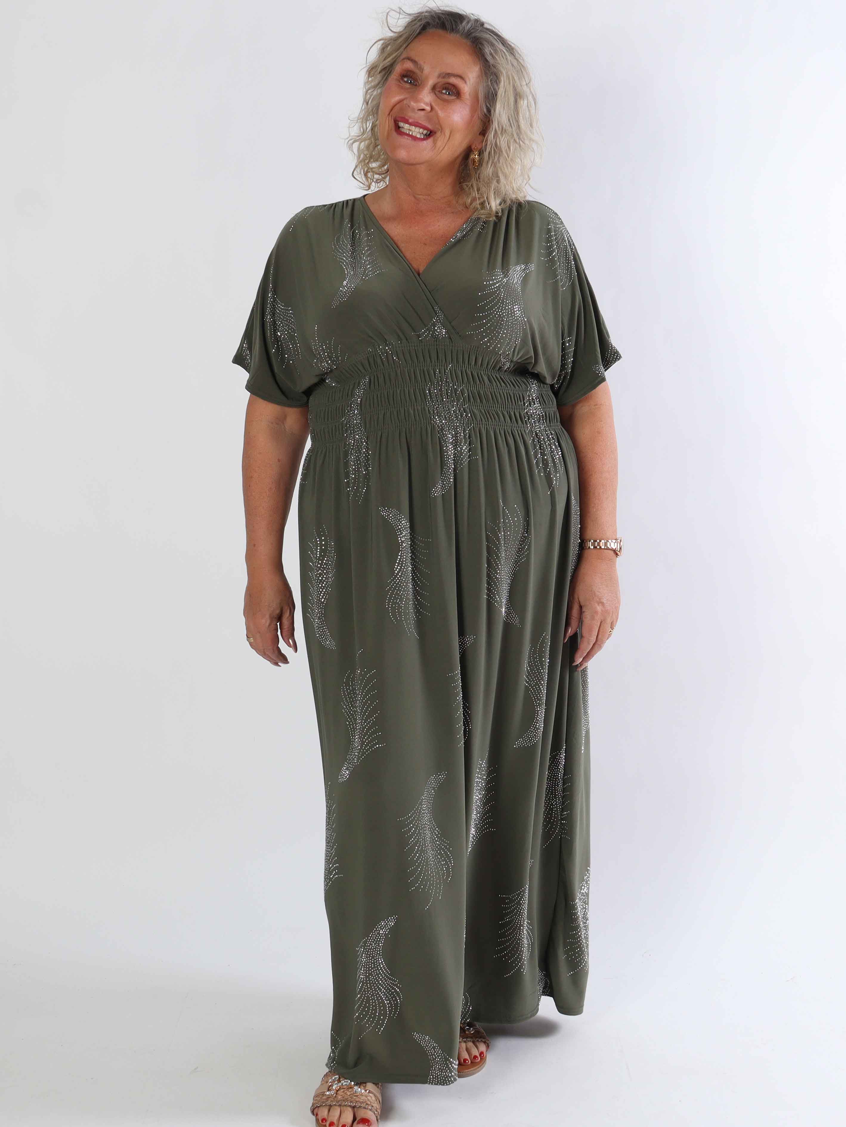 Pams Leaf Crystal - Lang elastisk plus size kjole med mønster af similisten