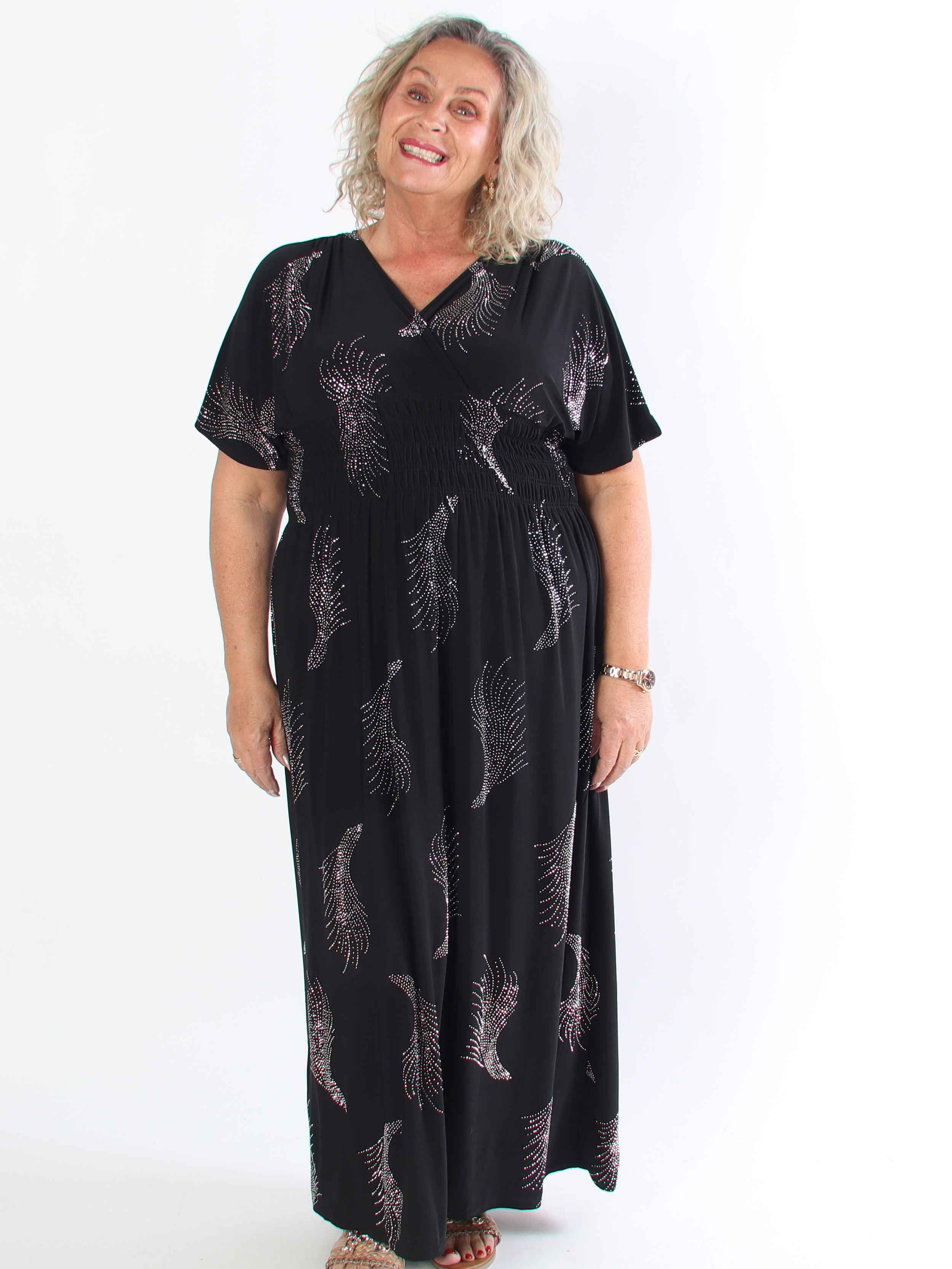 Pams Leaf Crystal - Lang elastisk plus size kjole med mønster af similisten