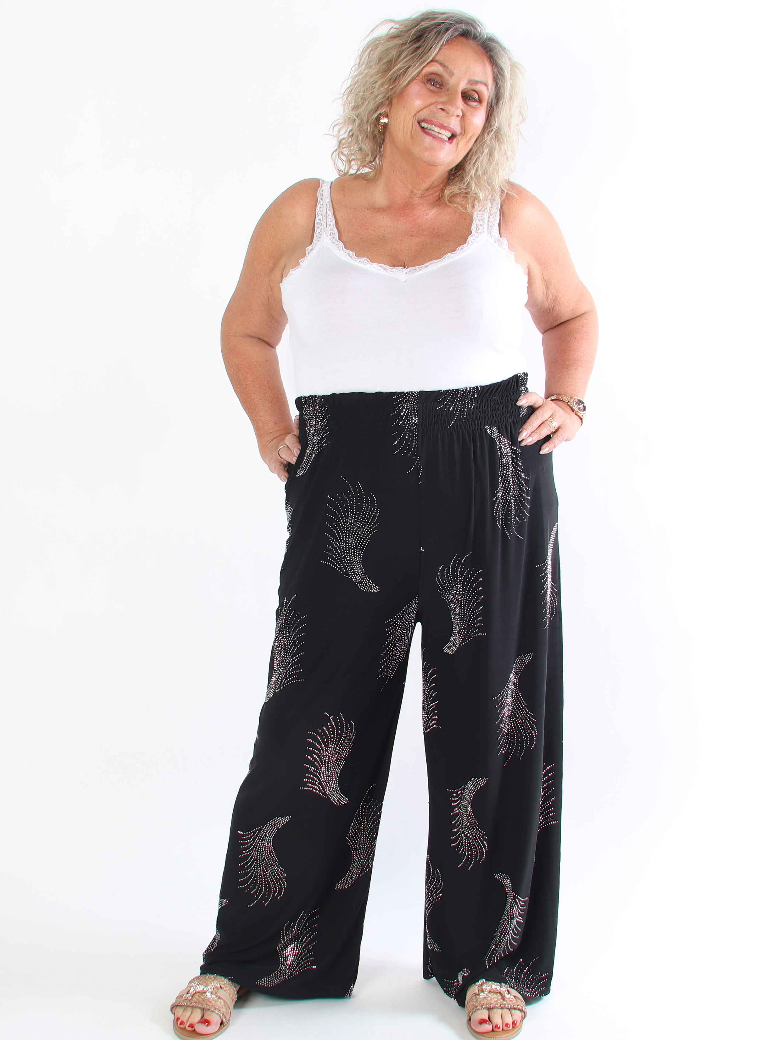 Pams Leaf Crystal Pants - Løse elastiske bukser med similisten