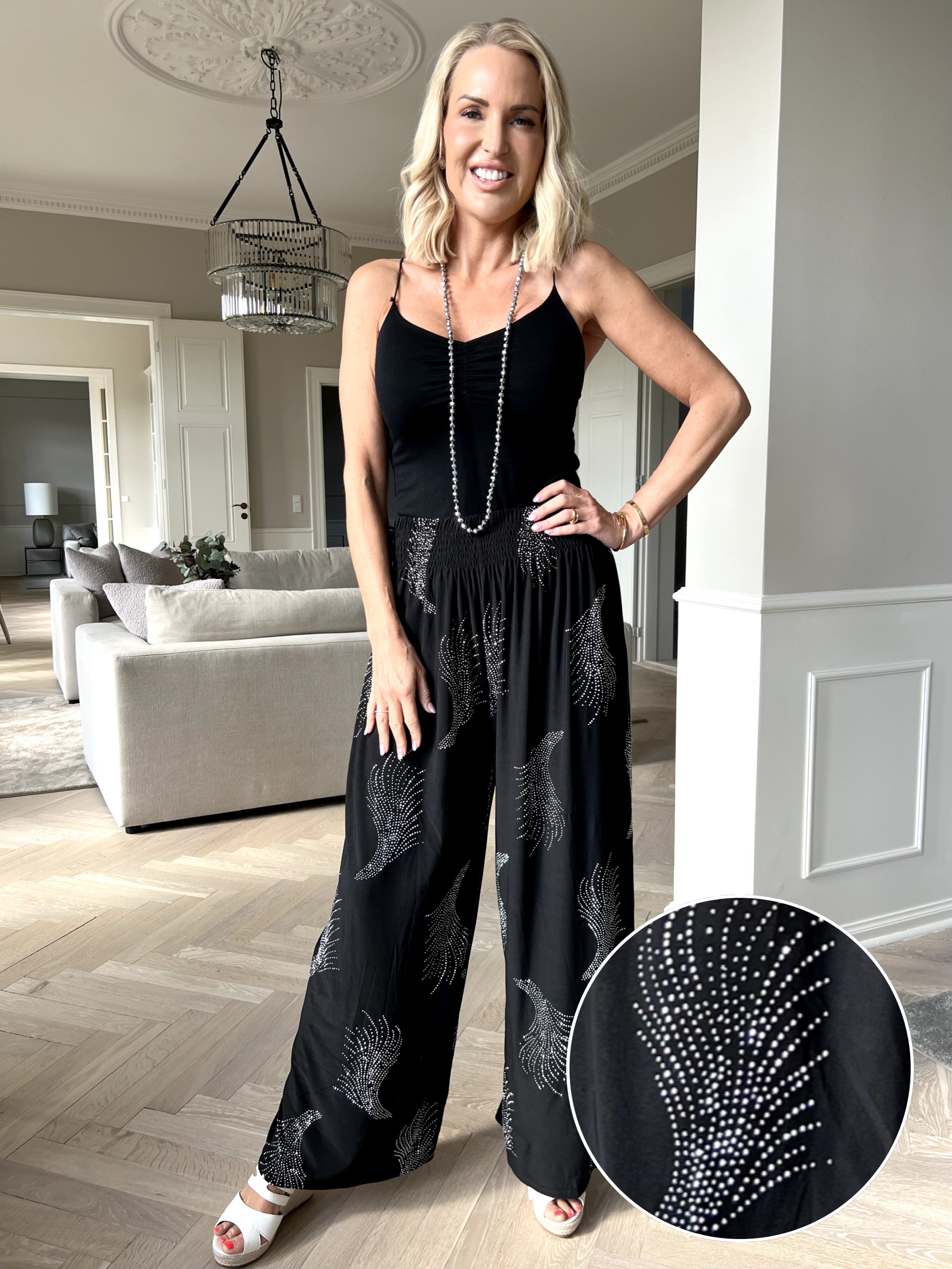 Pams Leaf Crystal Pants - Løse elastiske bukser med similisten