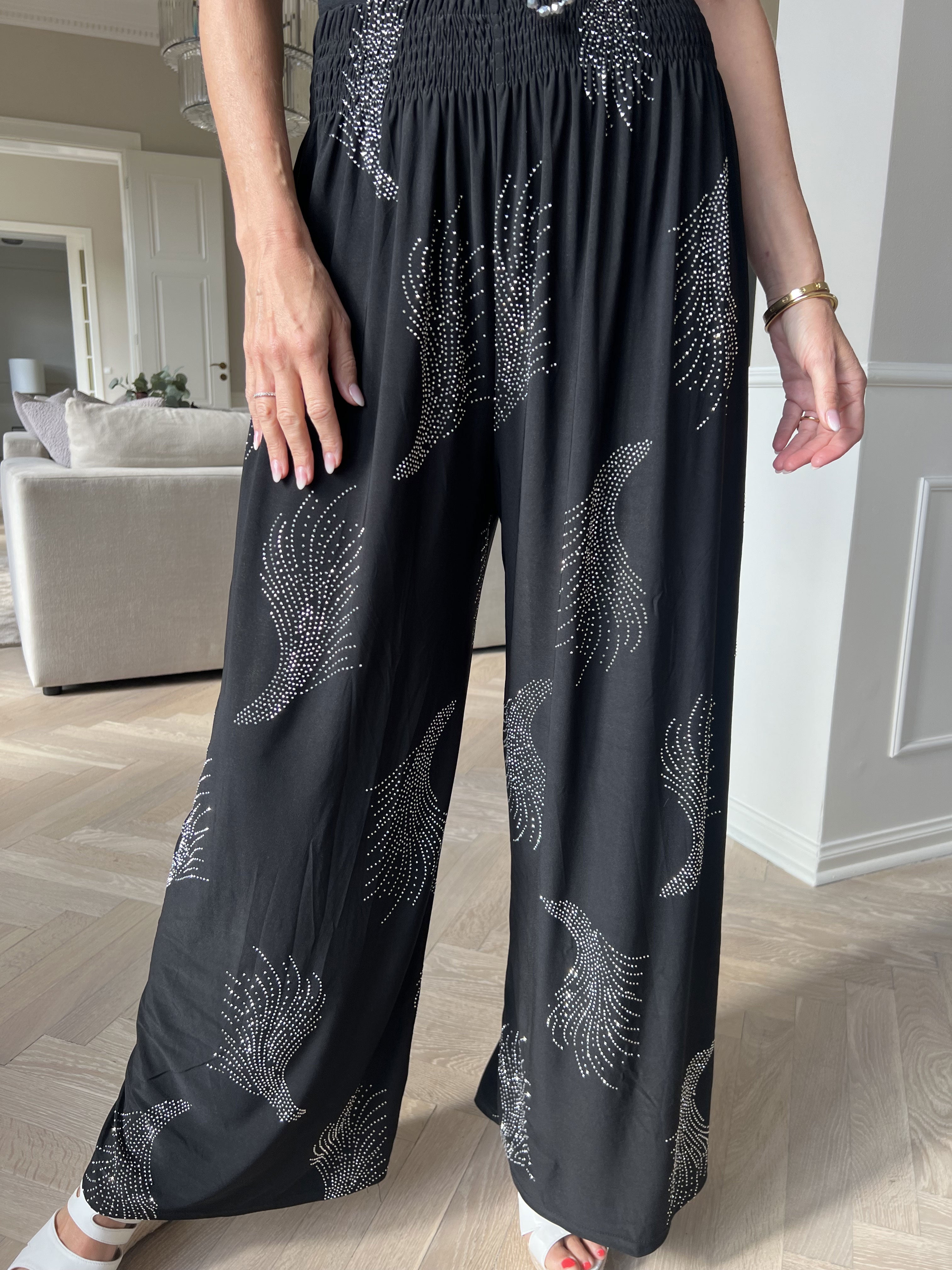 Pams Leaf Crystal Pants - Løse elastiske bukser med similisten