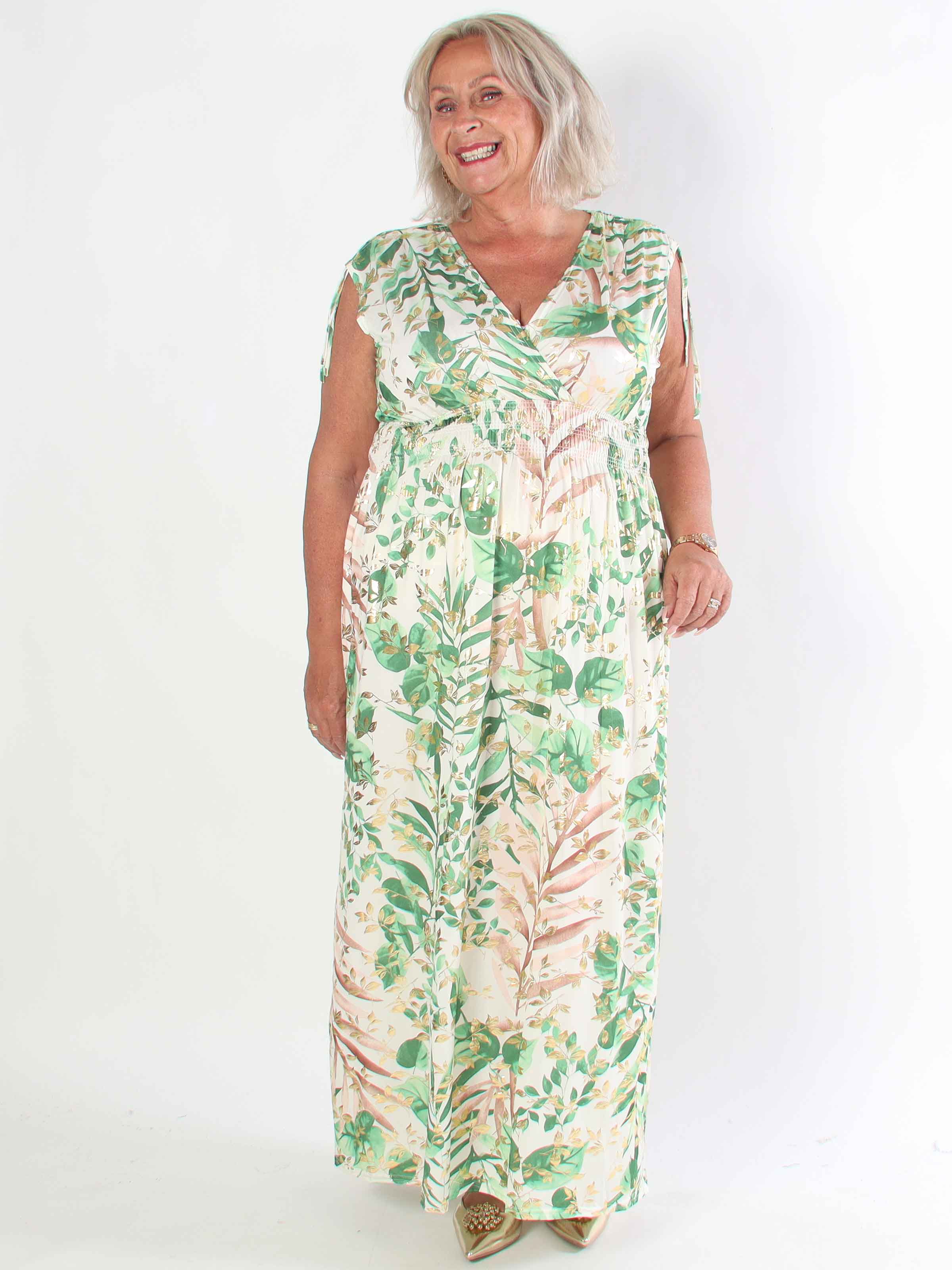 Pams Leaf Gold Sleeveless - Lang elastisk plus size kjole med sødt blad print