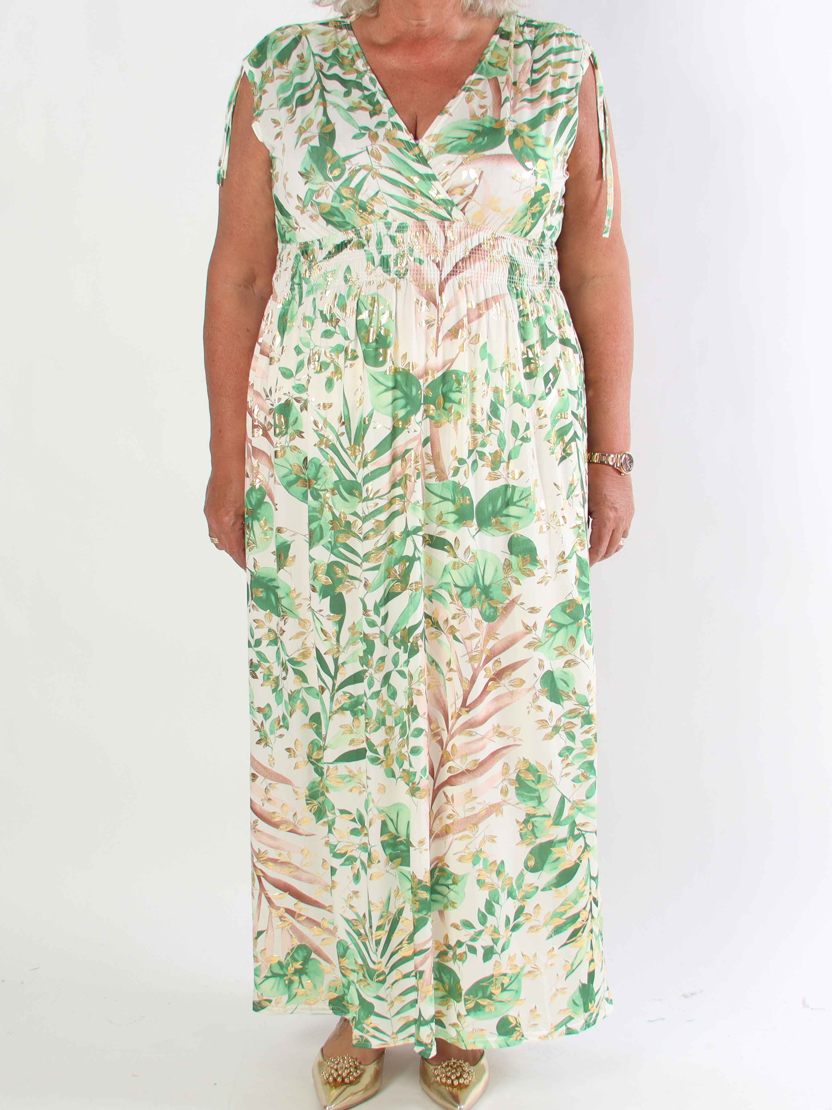 Pams Leaf Gold Sleeveless - Lang elastisk plus size kjole med sødt blad print