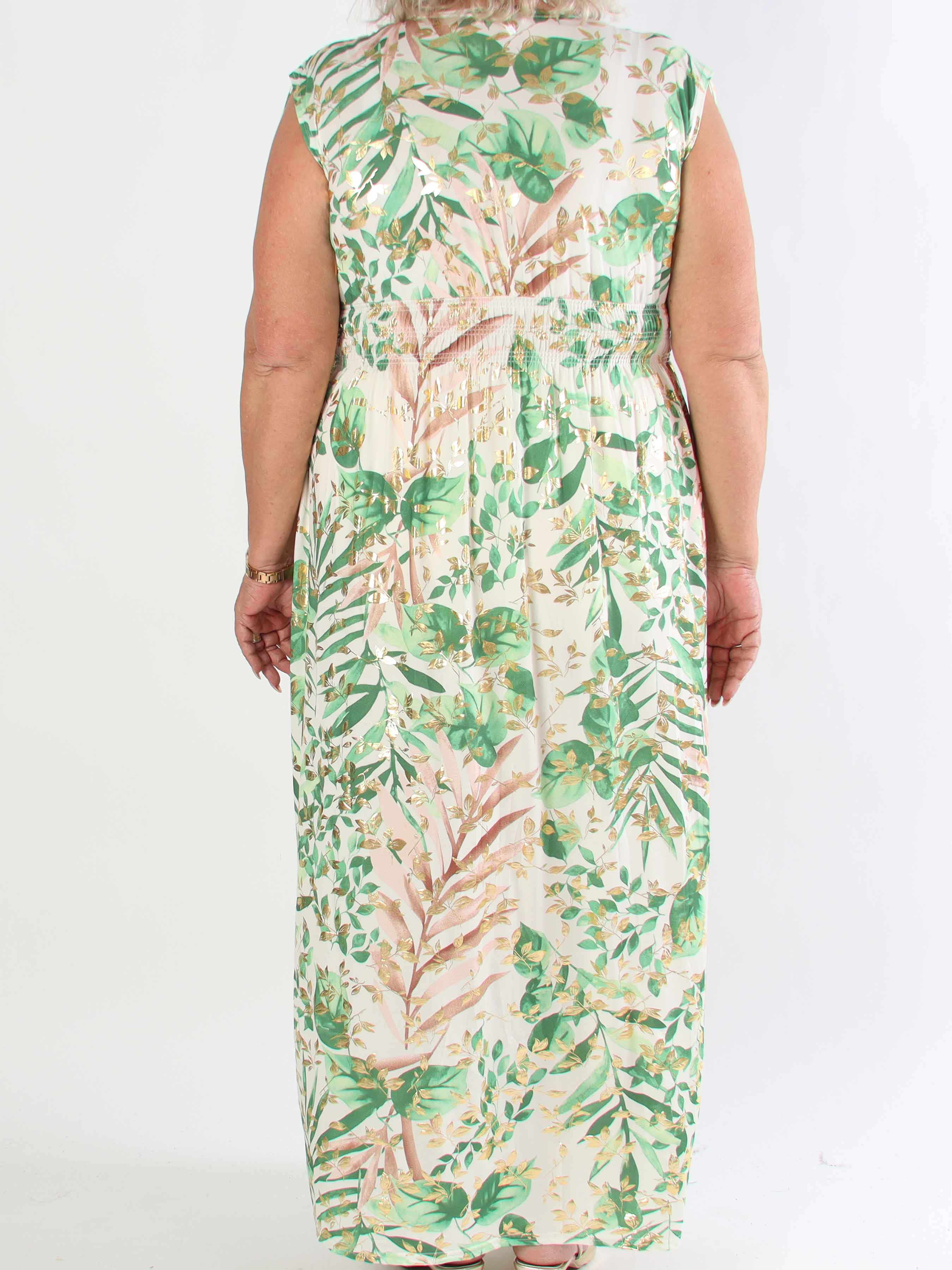 Pams Leaf Gold Sleeveless - Lang elastisk plus size kjole med sødt blad print