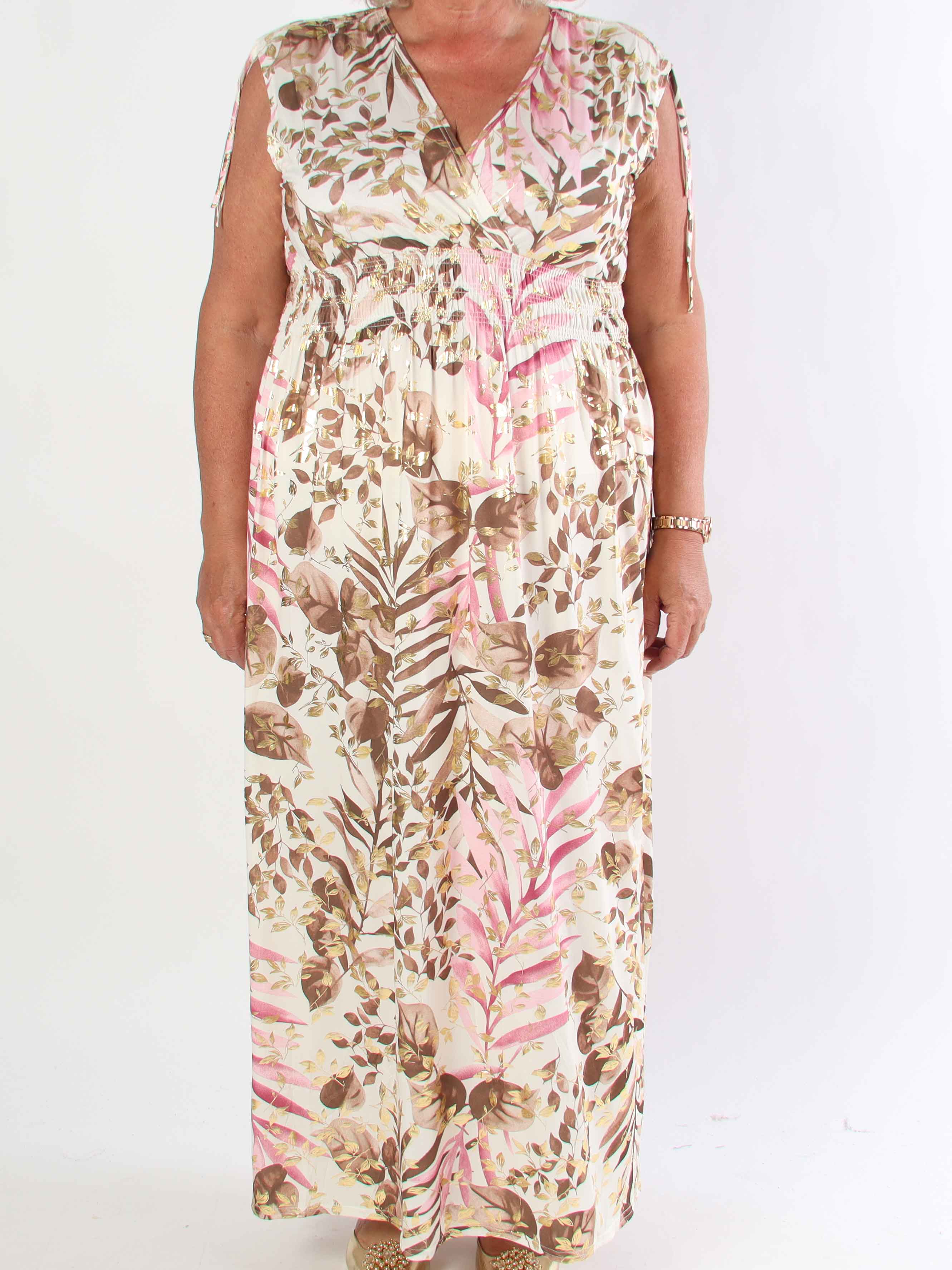 Pams Leaf Gold Sleeveless - Lang elastisk plus size kjole med sødt blad print