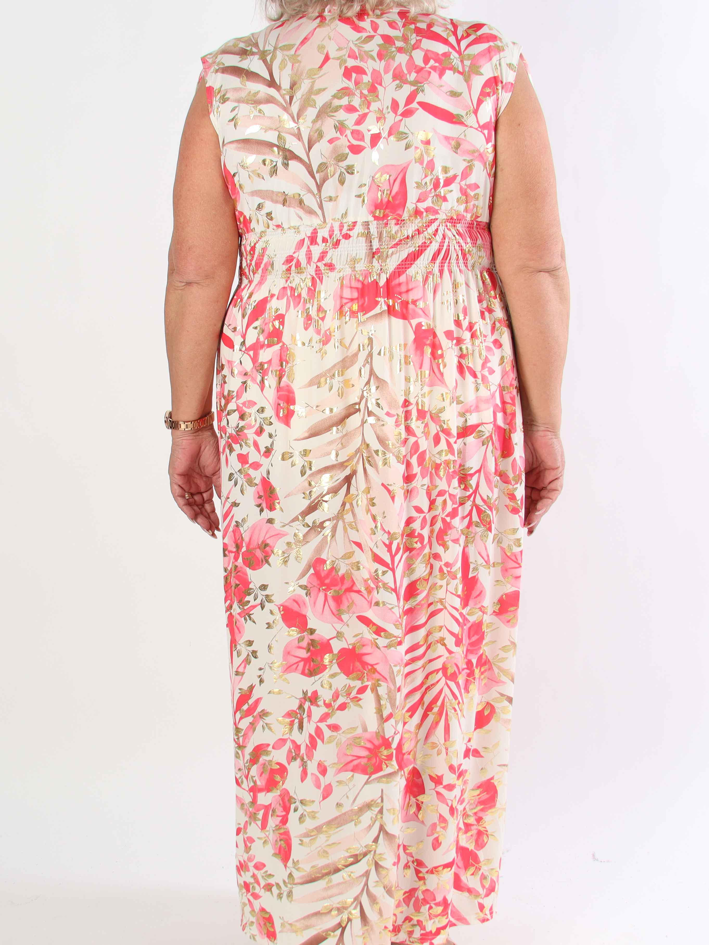 Pams Leaf Gold Sleeveless - Lang elastisk plus size kjole med sødt blad print