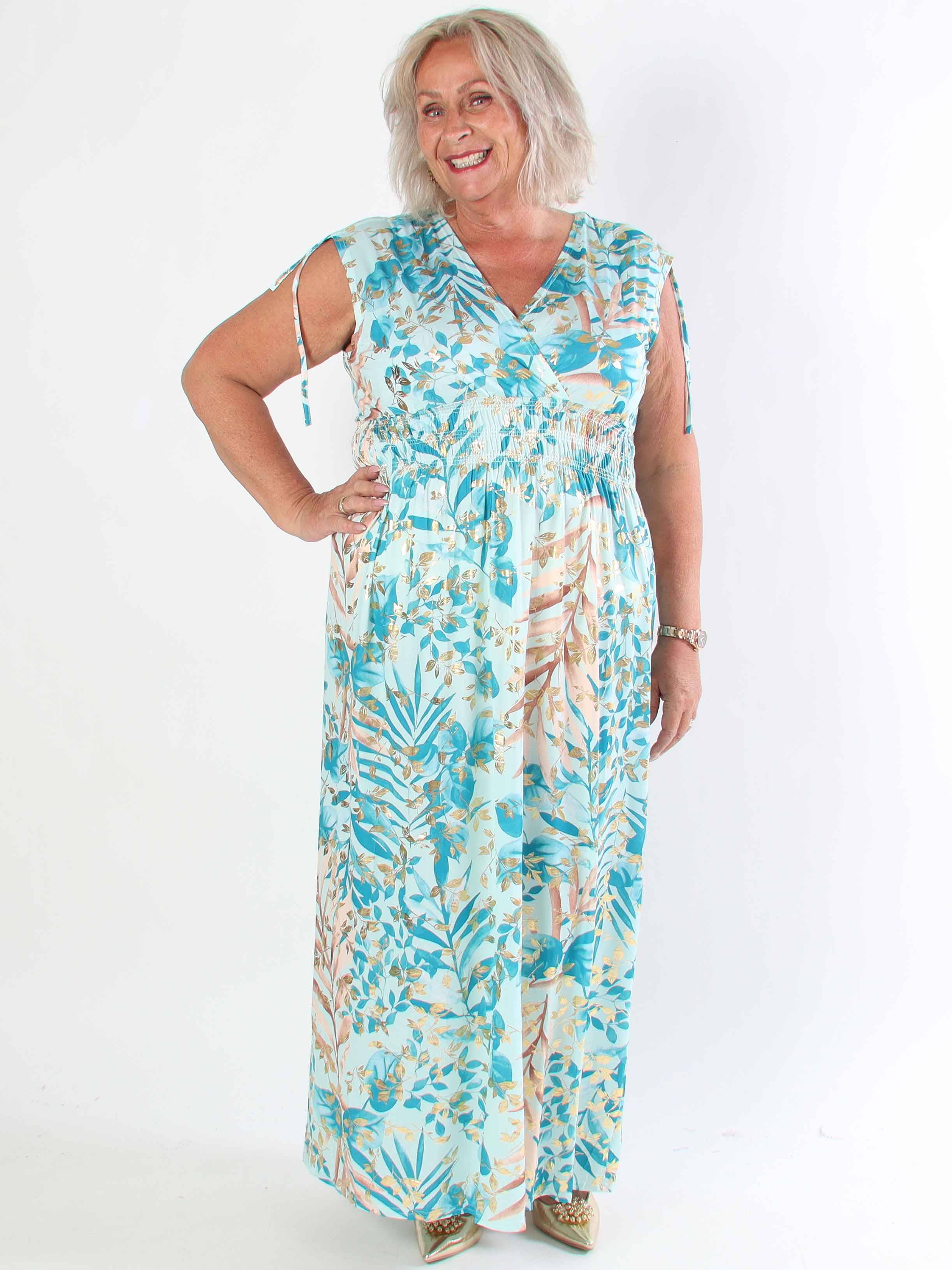 Pams Leaf Gold Sleeveless - Lang elastisk plus size kjole med sødt blad print