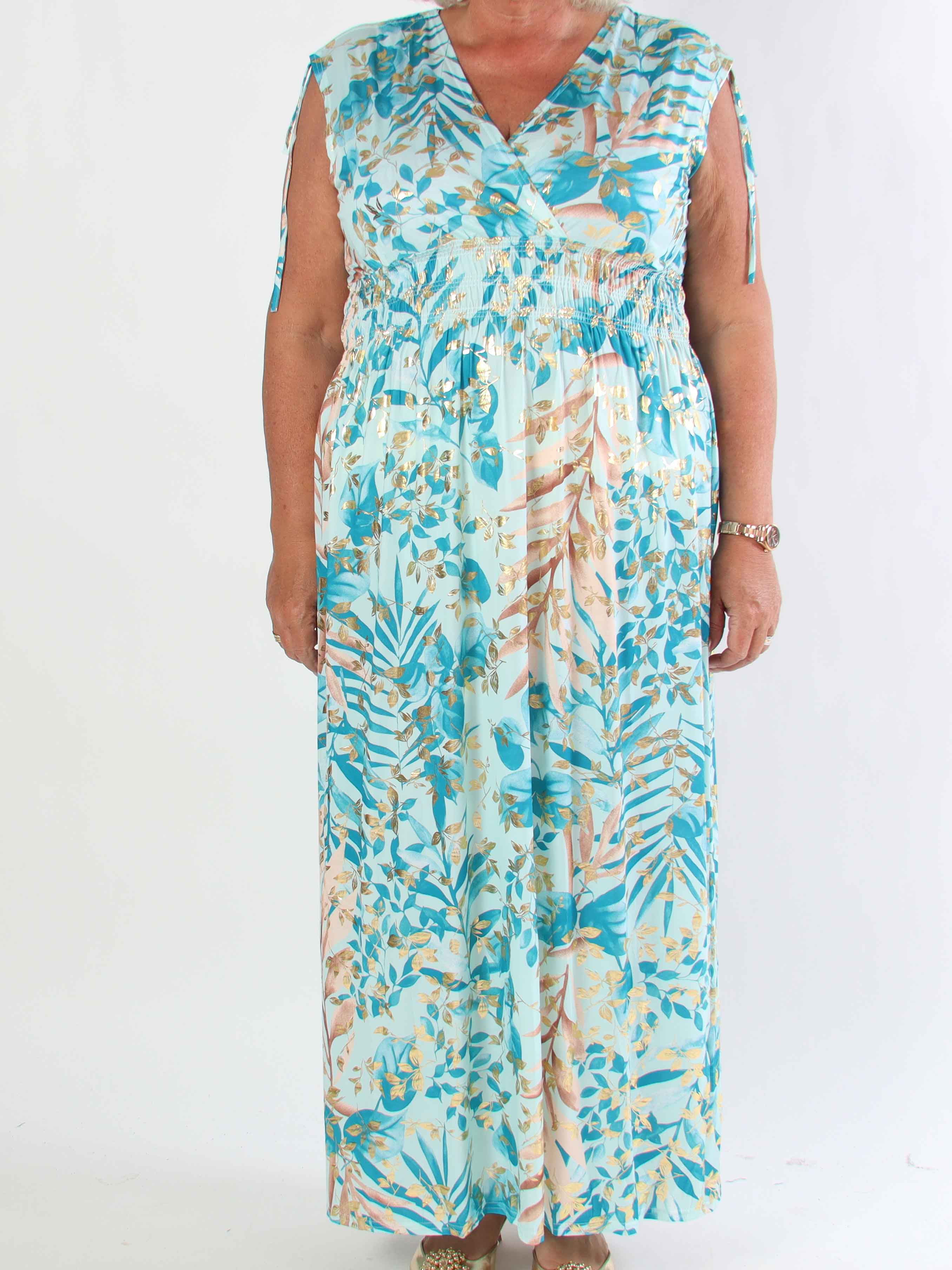 Pams Leaf Gold Sleeveless - Lang elastisk plus size kjole med sødt blad print