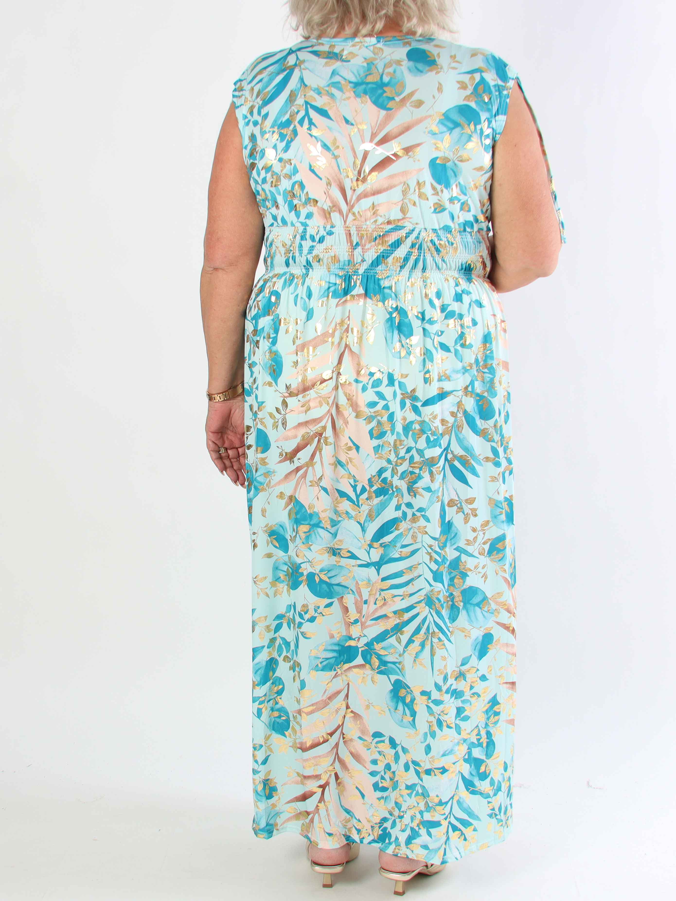 Pams Leaf Gold Sleeveless - Lang elastisk plus size kjole med sødt blad print