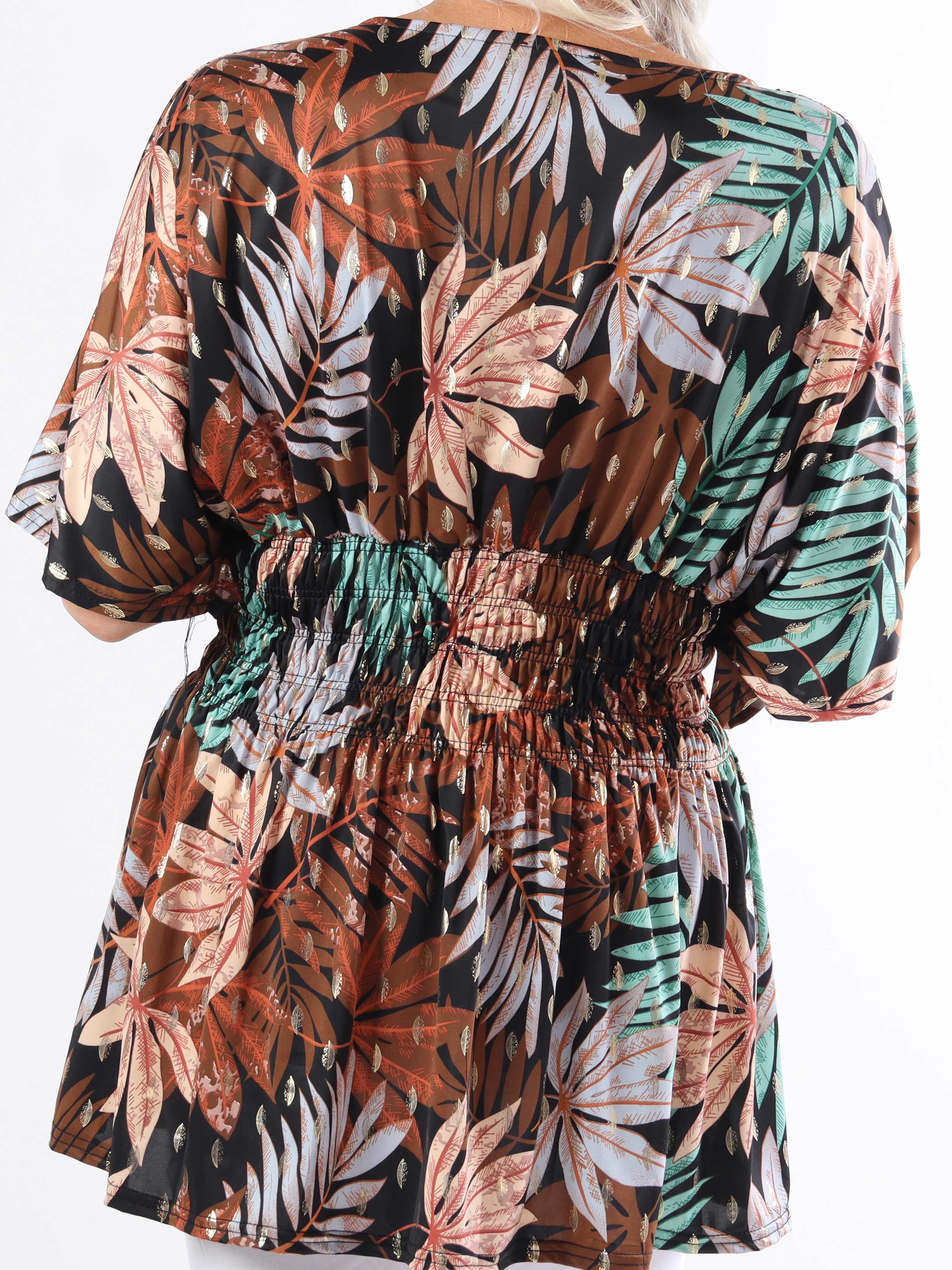 Pams Leaf Shirt S/S - Sød plus size tunika i blomsterprint med smock