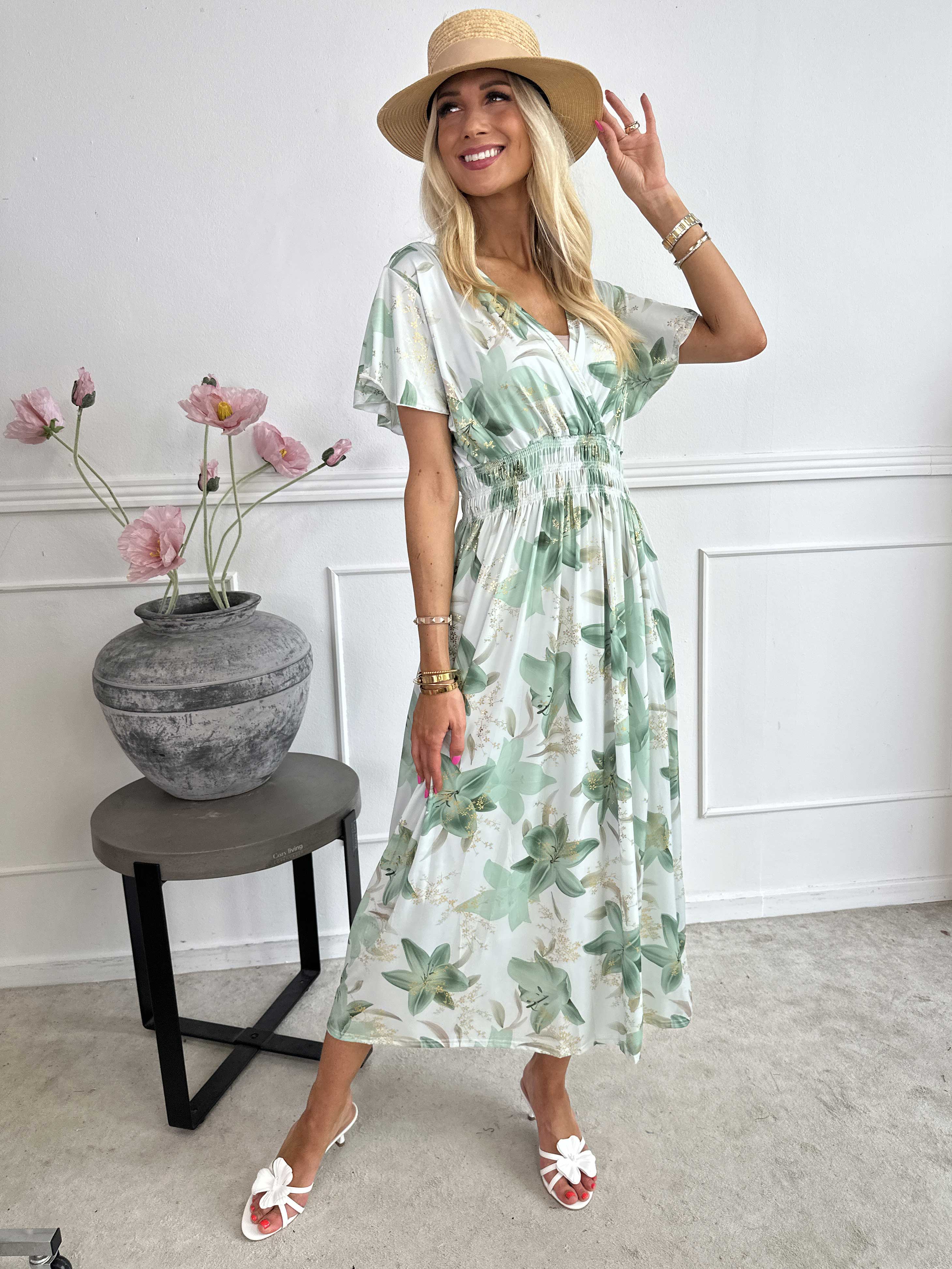 Pams Lilies - Elastisk kjole med lilje motiver og guld detaljer