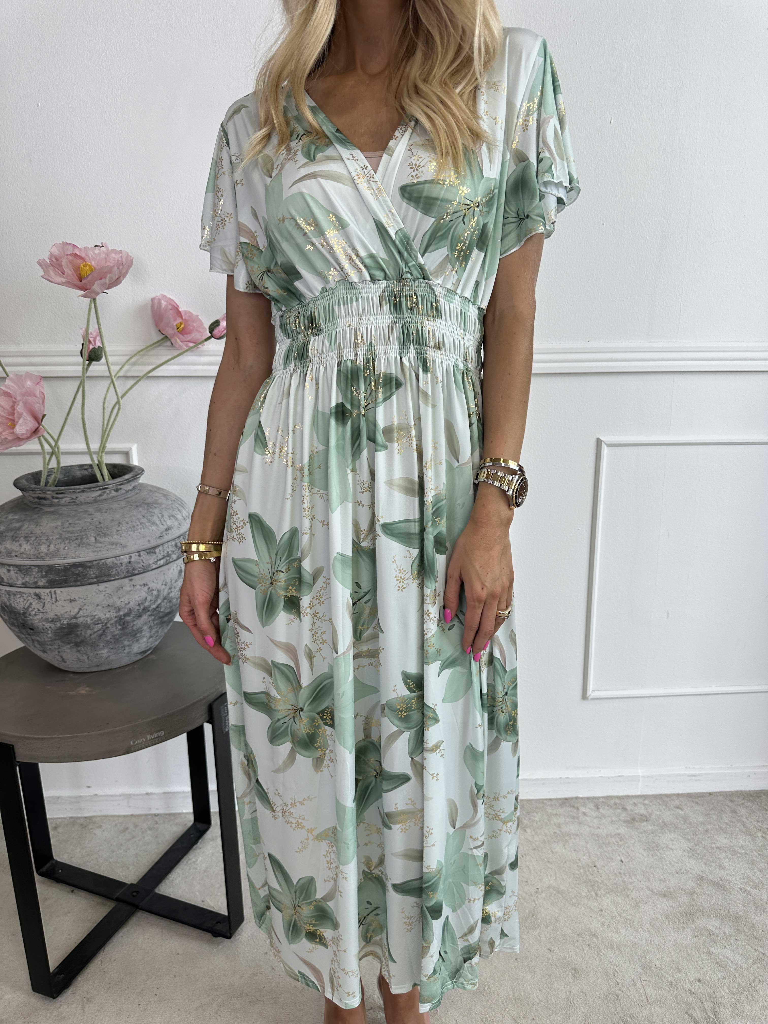 Pams Lilies - Elastisk kjole med lilje motiver og guld detaljer