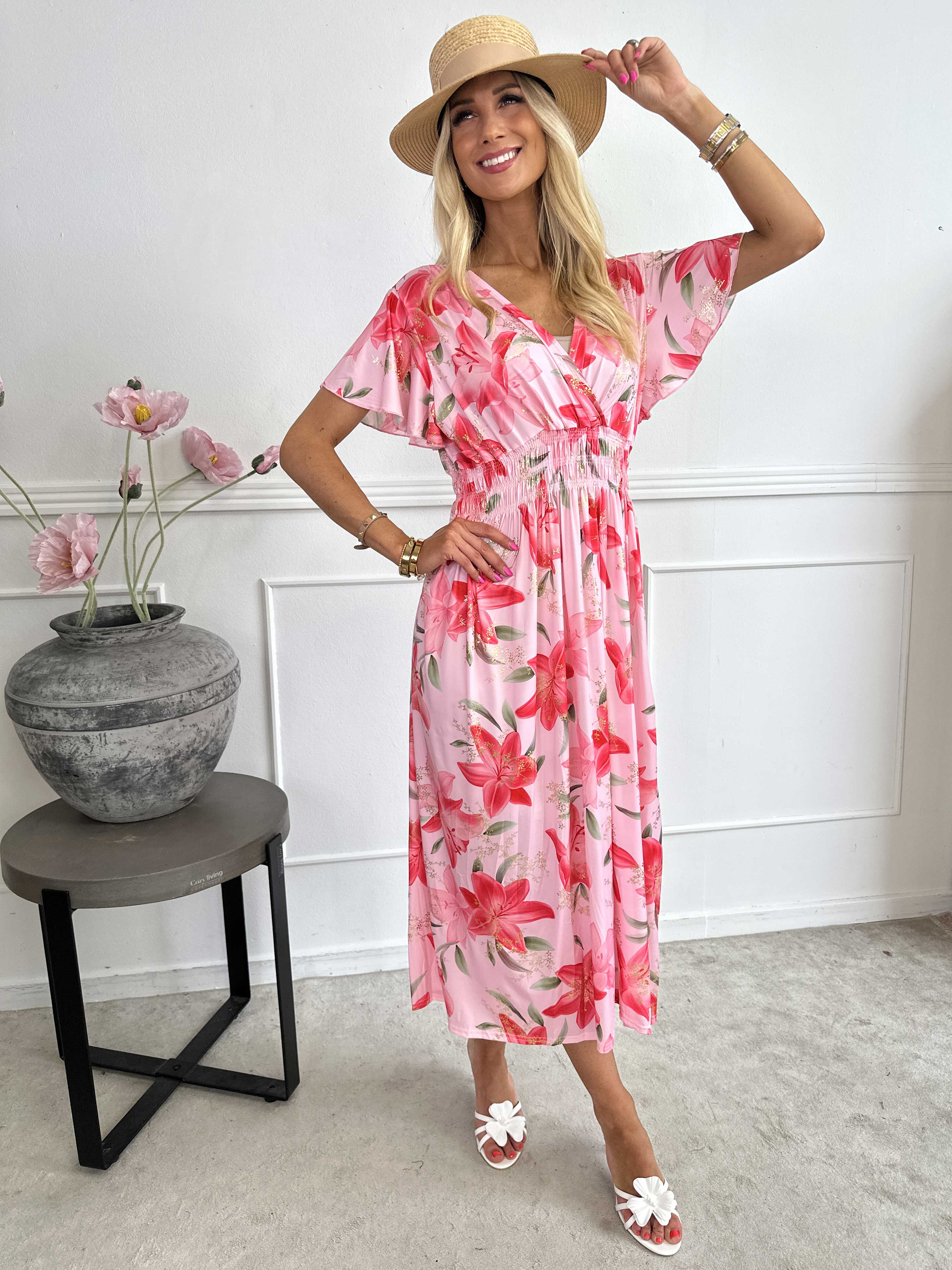 Pams Lilies - Elastisk kjole med lilje motiver og guld detaljer