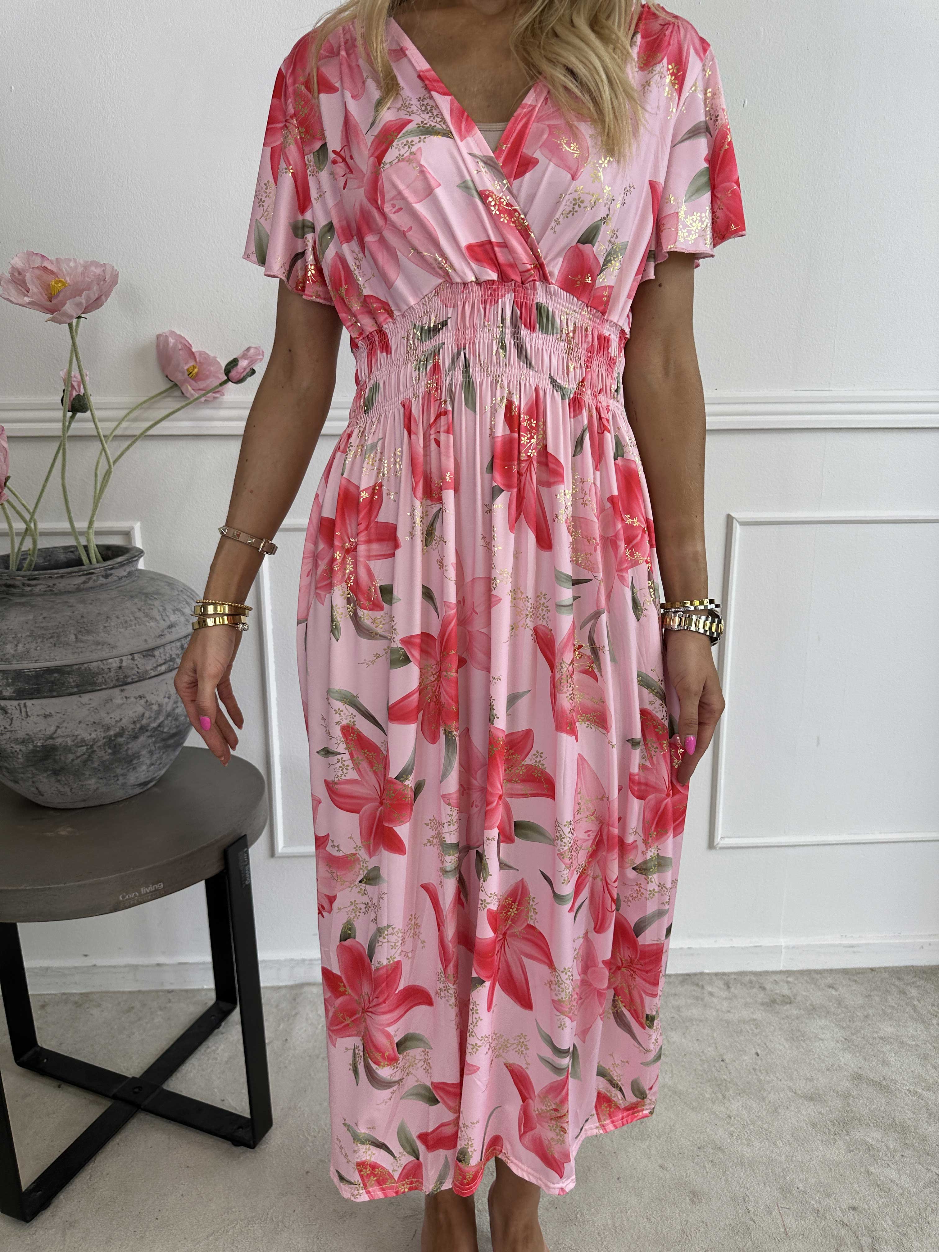 Pams Lilies - Elastisk kjole med lilje motiver og guld detaljer