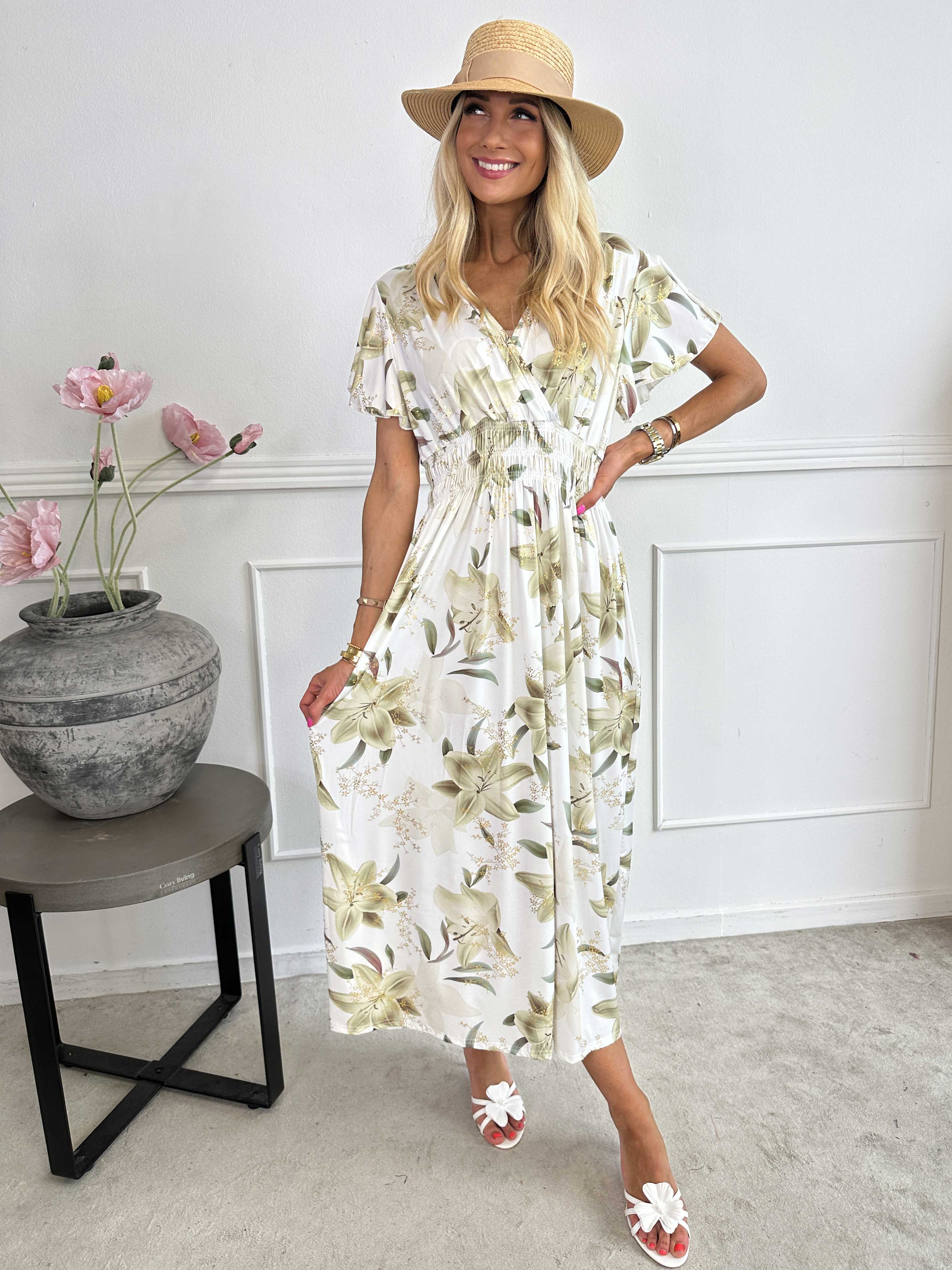 Pams Lilies - Elastisk kjole med lilje motiver og guld detaljer