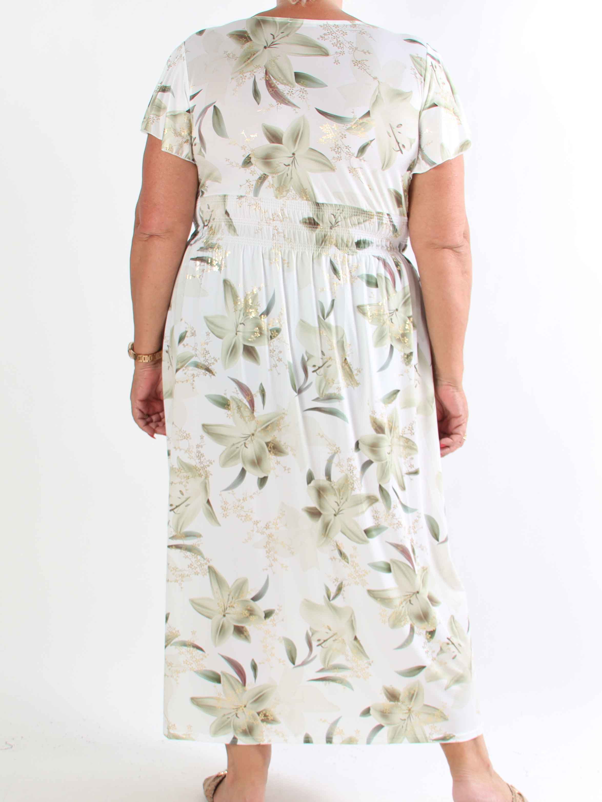 Pams Lilies - Elastisk plus size kjole med lilje motiver og guld detaljer