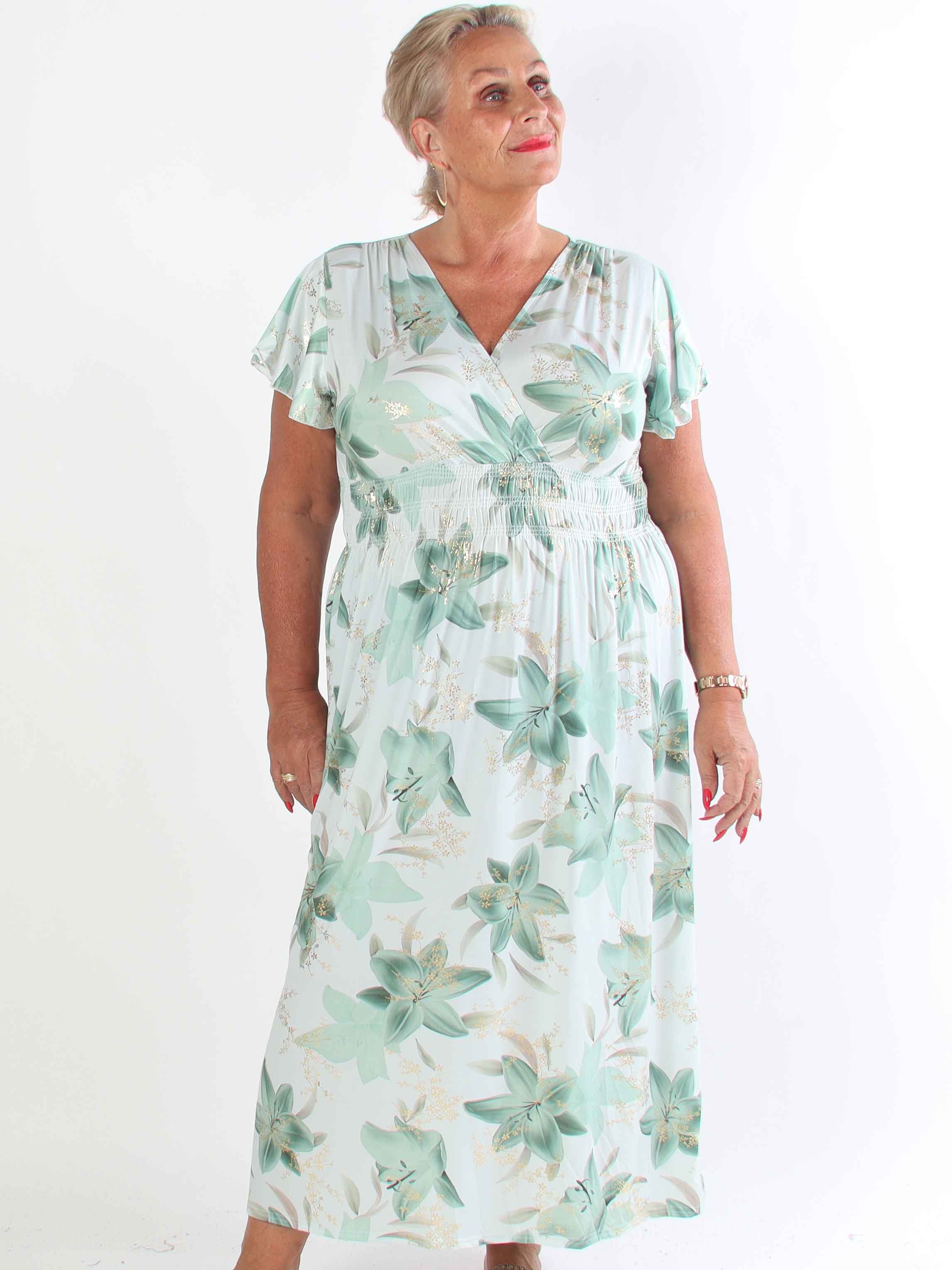 Pams Lilies - Elastisk plus size kjole med lilje motiver og guld detaljer