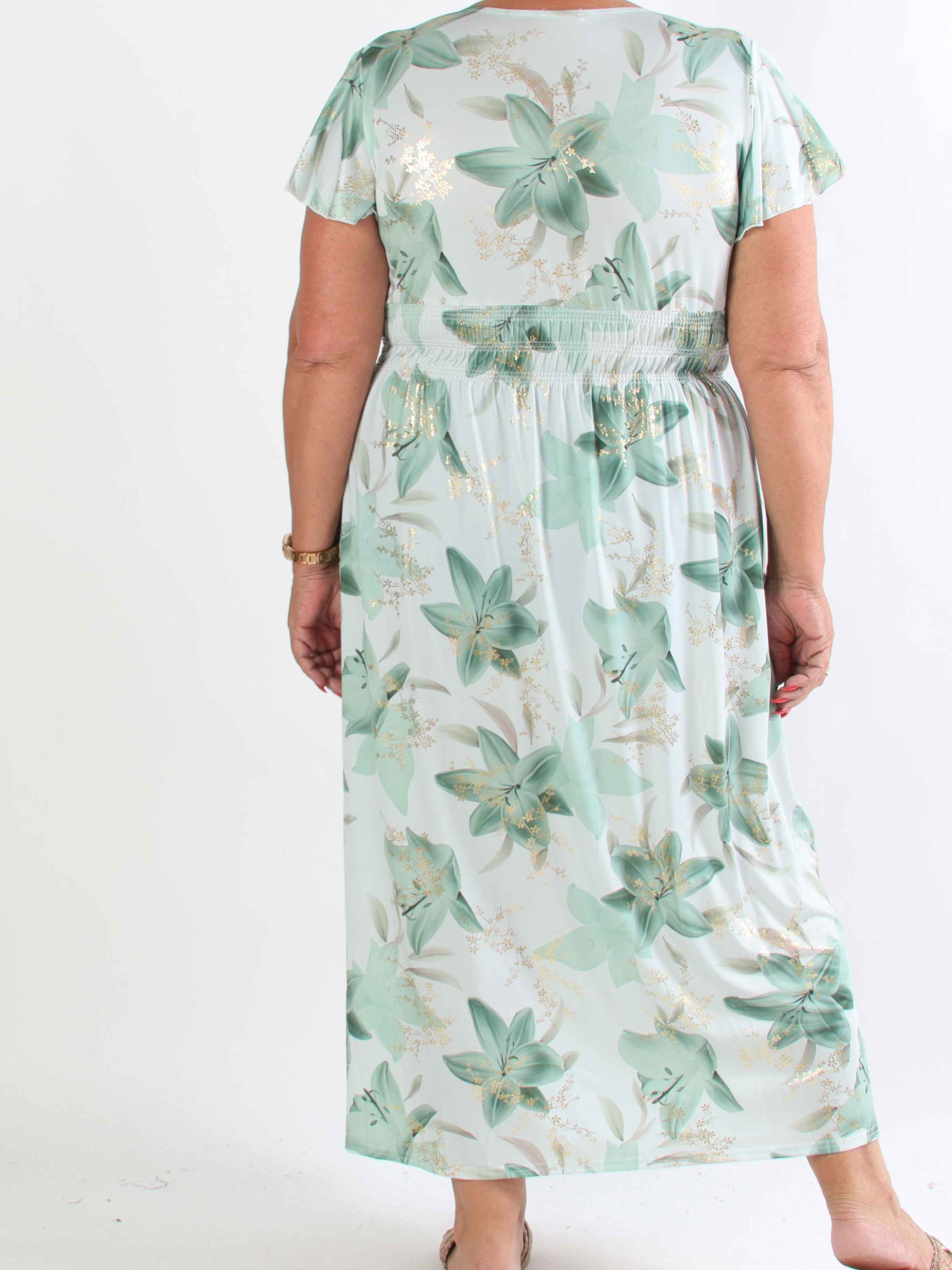 Pams Lilies - Elastisk plus size kjole med lilje motiver og guld detaljer
