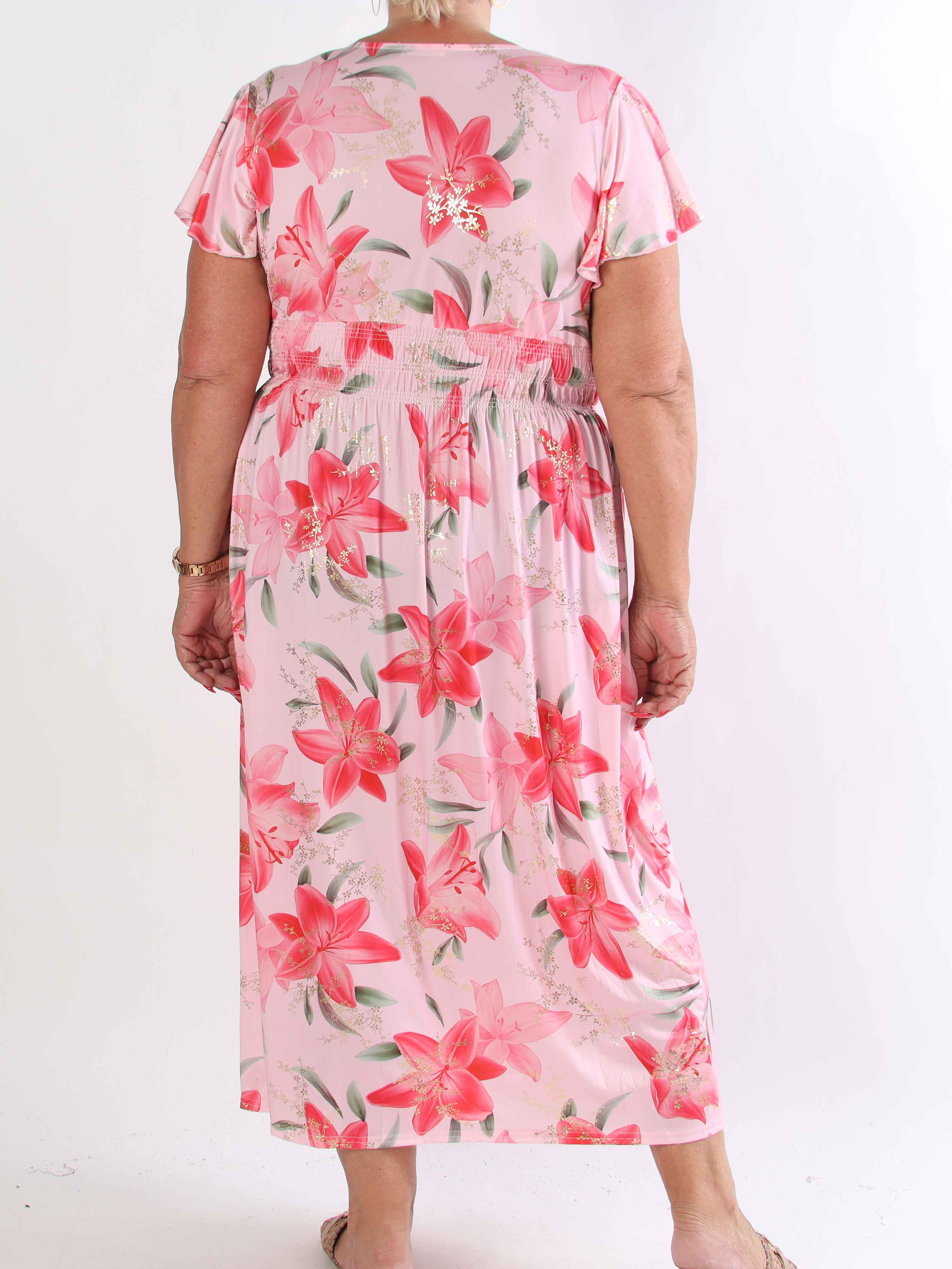 Pams Lilies - Elastisk plus size kjole med lilje motiver og guld detaljer