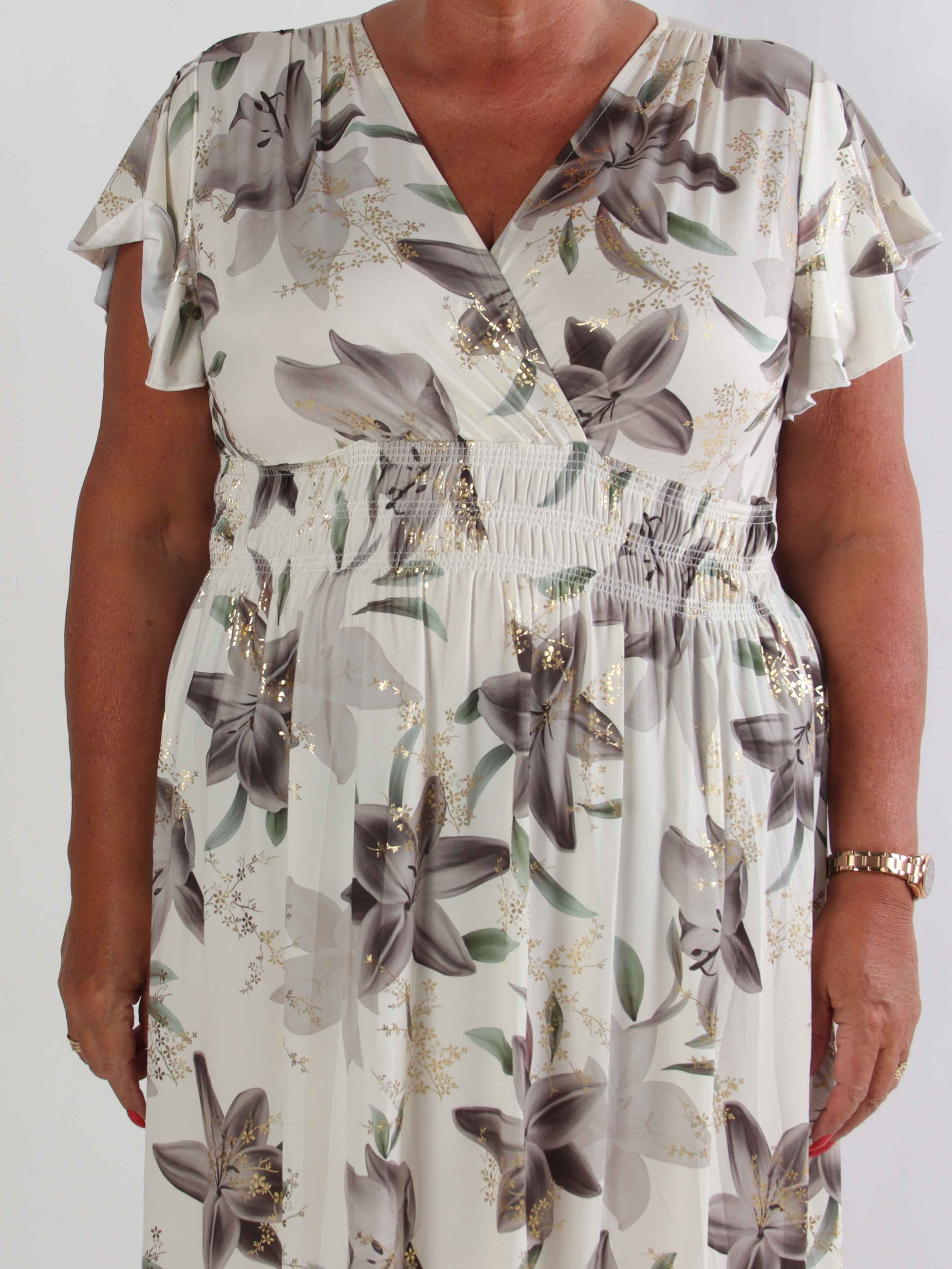 Pams Lilies - Elastisk plus size kjole med lilje motiver og guld detaljer