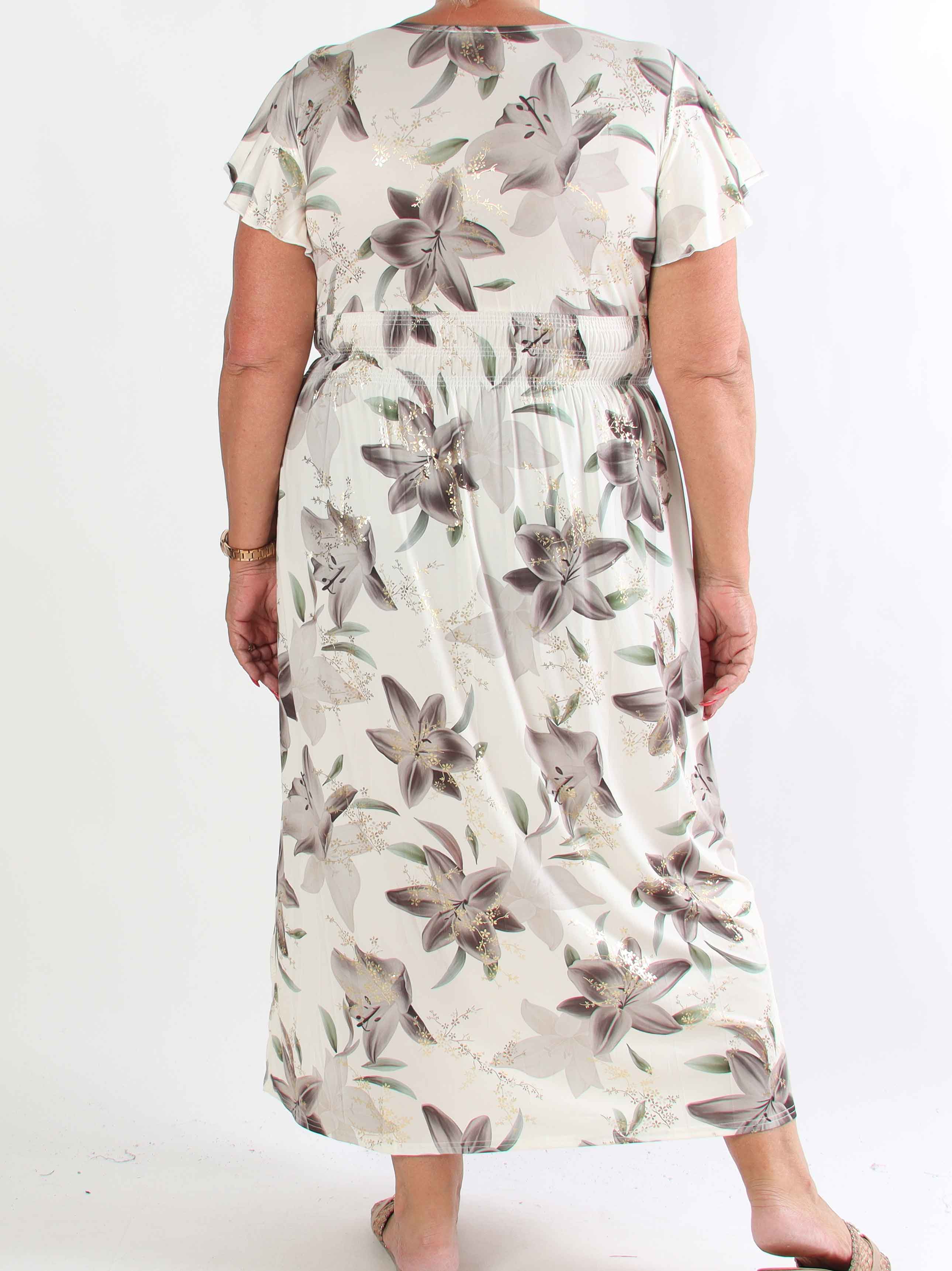 Pams Lilies - Elastisk plus size kjole med lilje motiver og guld detaljer