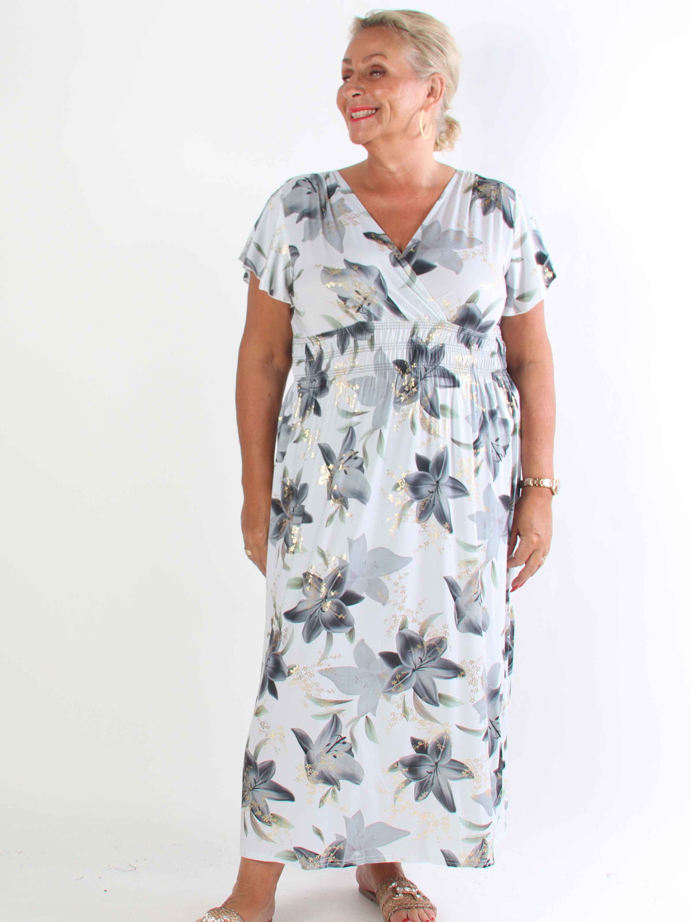 Pams Lilies - Elastisk plus size kjole med lilje motiver og guld detaljer