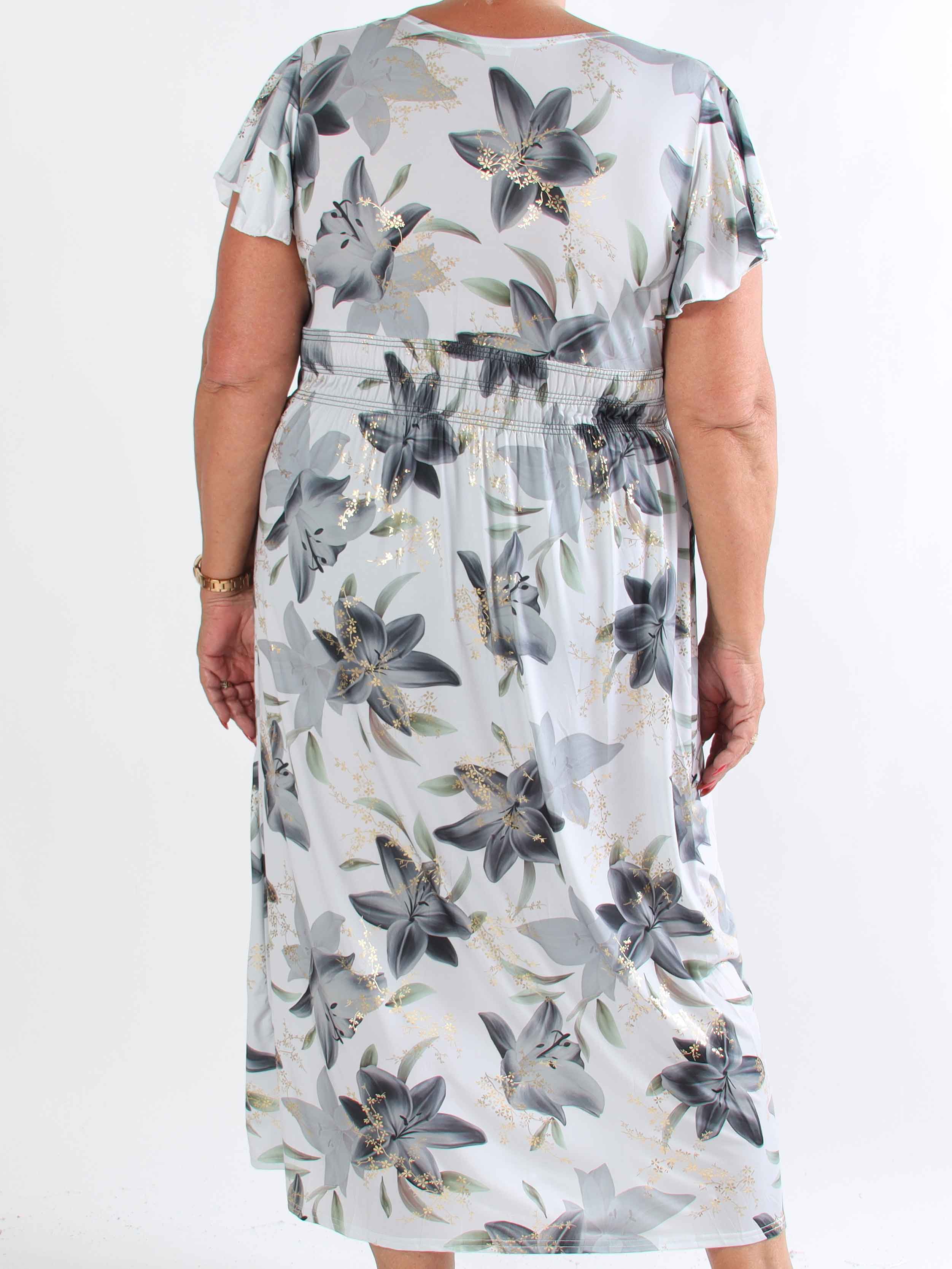 Pams Lilies - Elastisk plus size kjole med lilje motiver og guld detaljer