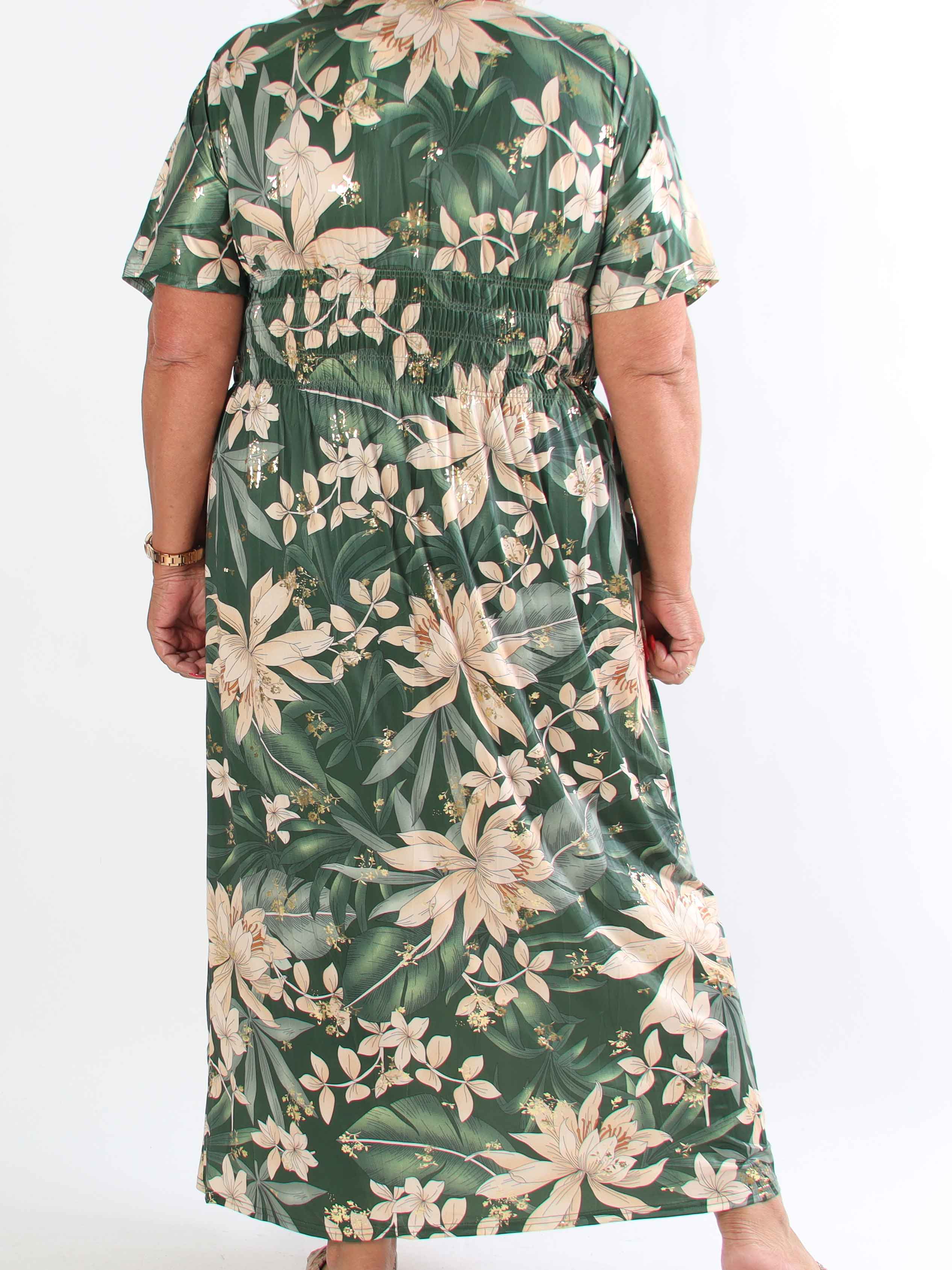Pams New Leaf - Lang plus size kjole med blomsterprint og guld detaljer
