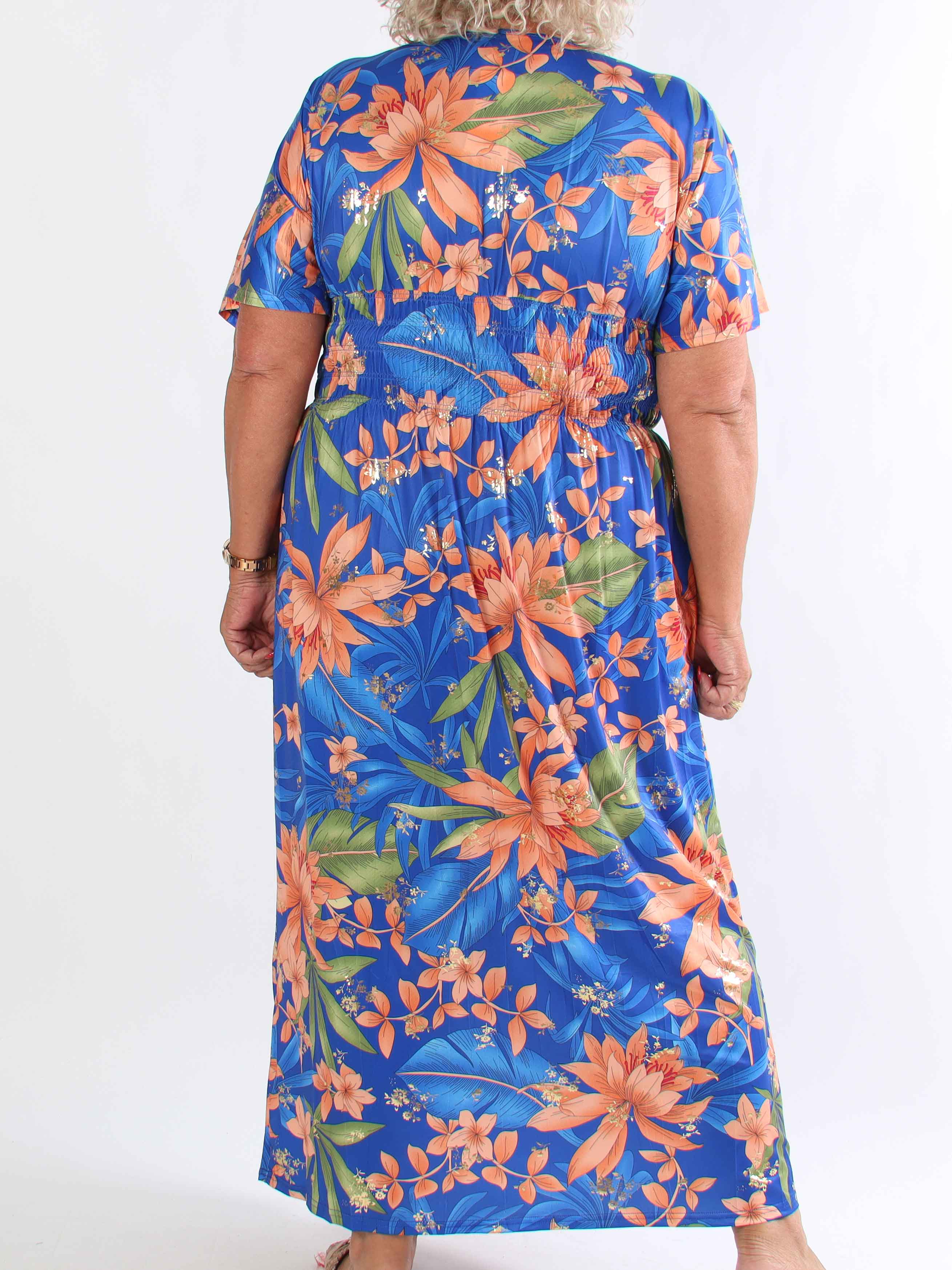 Pams New Leaf - Lang plus size kjole med blomsterprint og guld detaljer