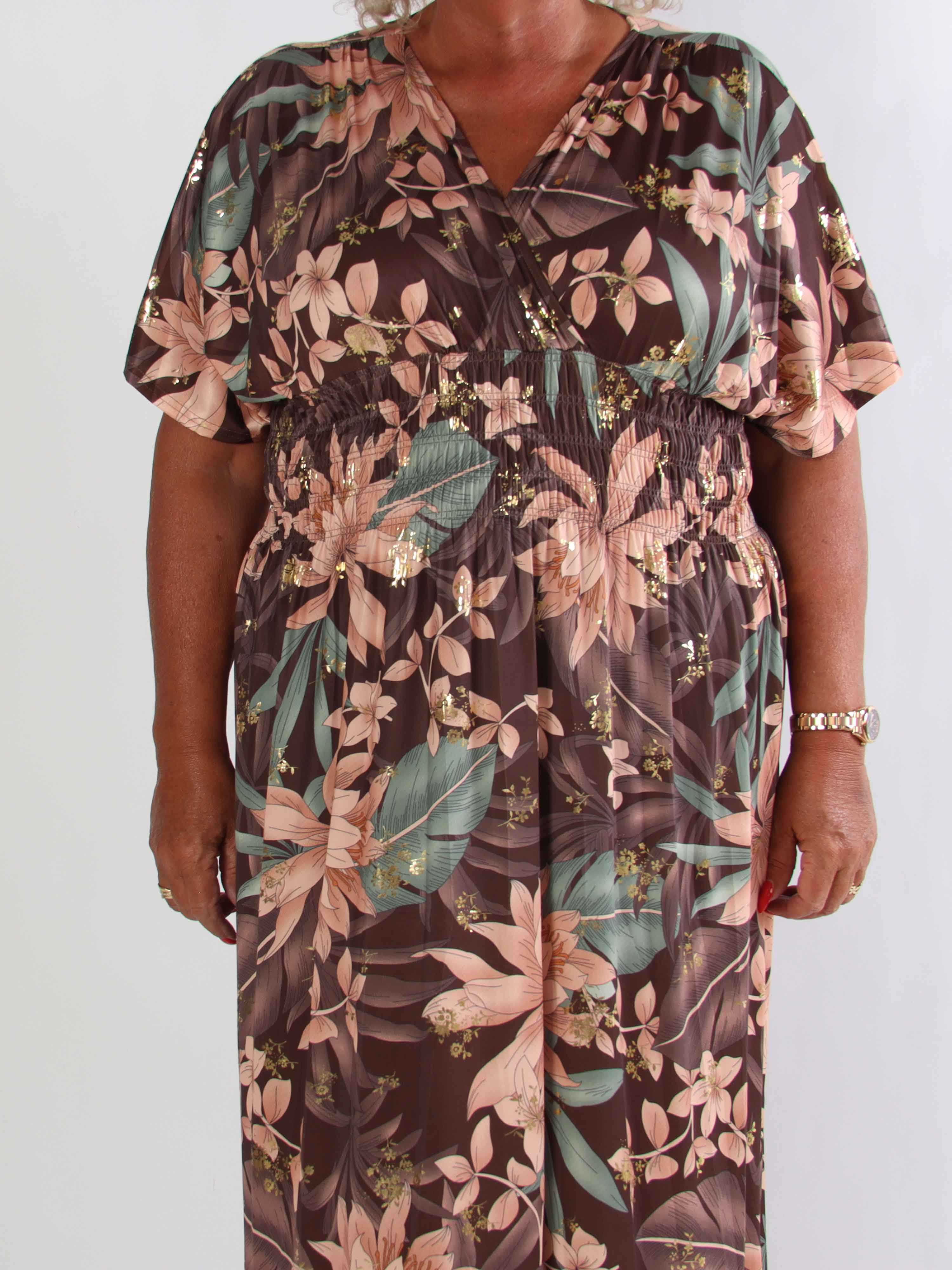 Pams New Leaf - Lang plus size kjole med blomsterprint og guld detaljer