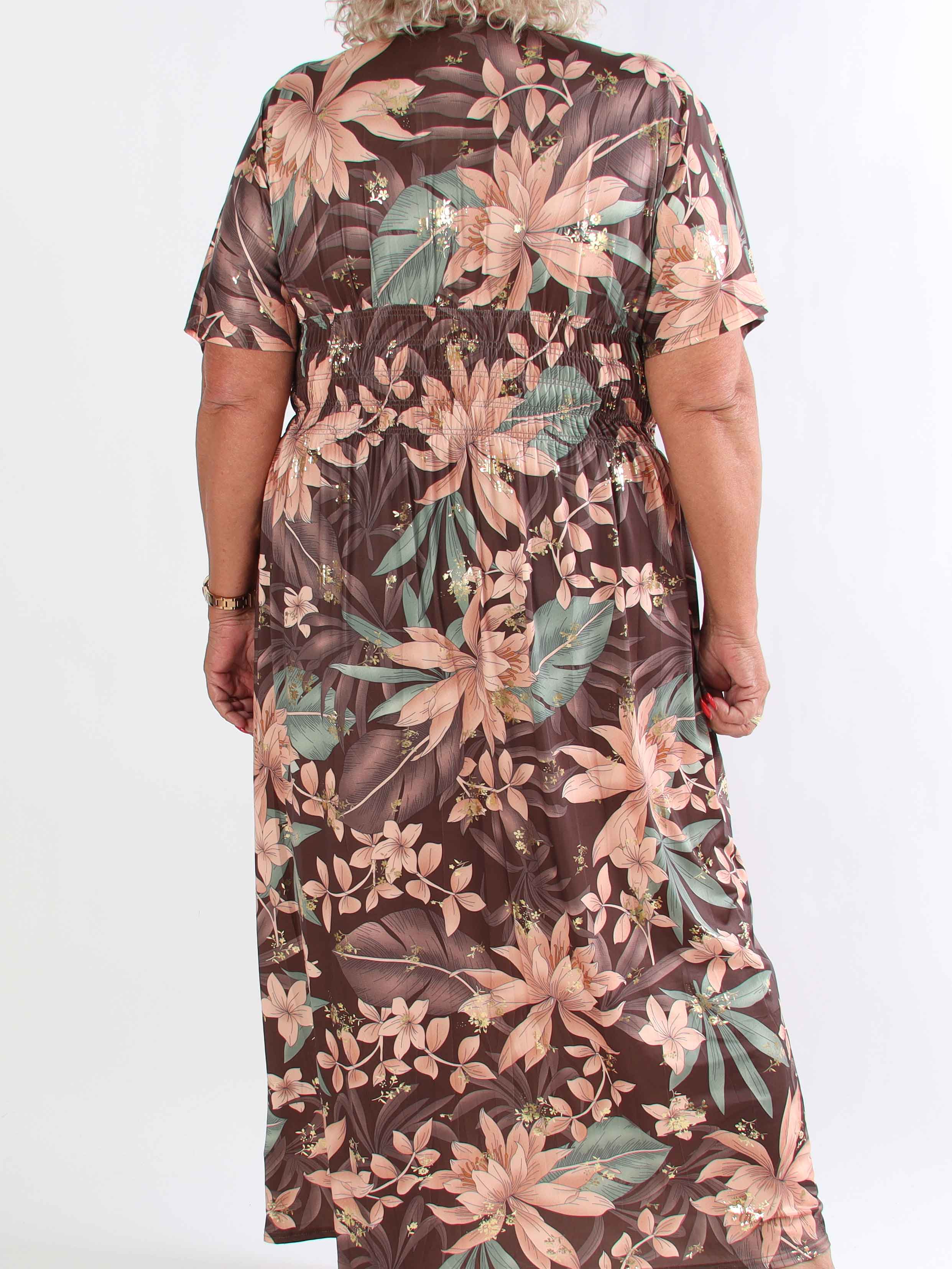 Pams New Leaf - Lang plus size kjole med blomsterprint og guld detaljer