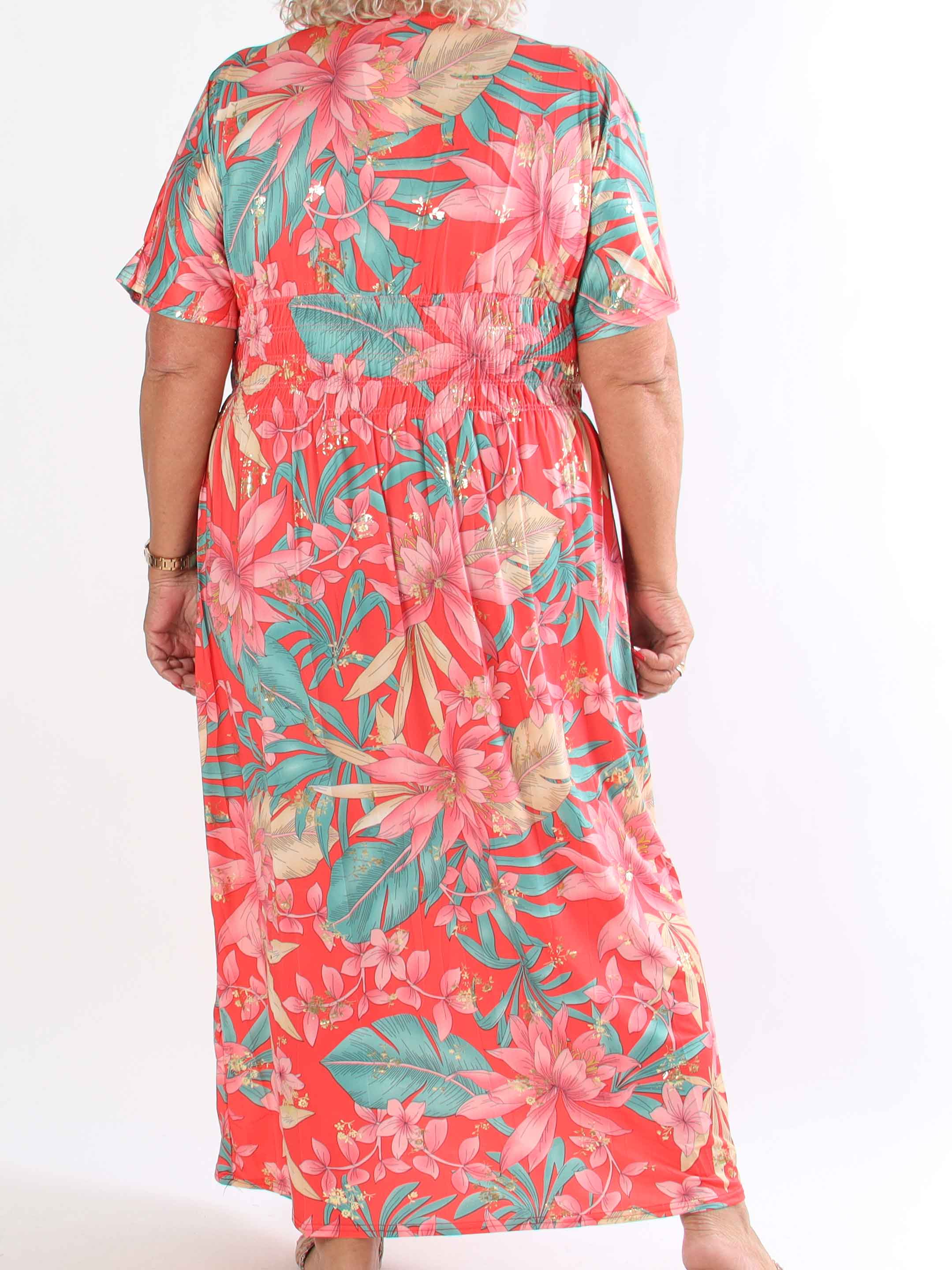 Pams New Leaf - Lang plus size kjole med blomsterprint og guld detaljer