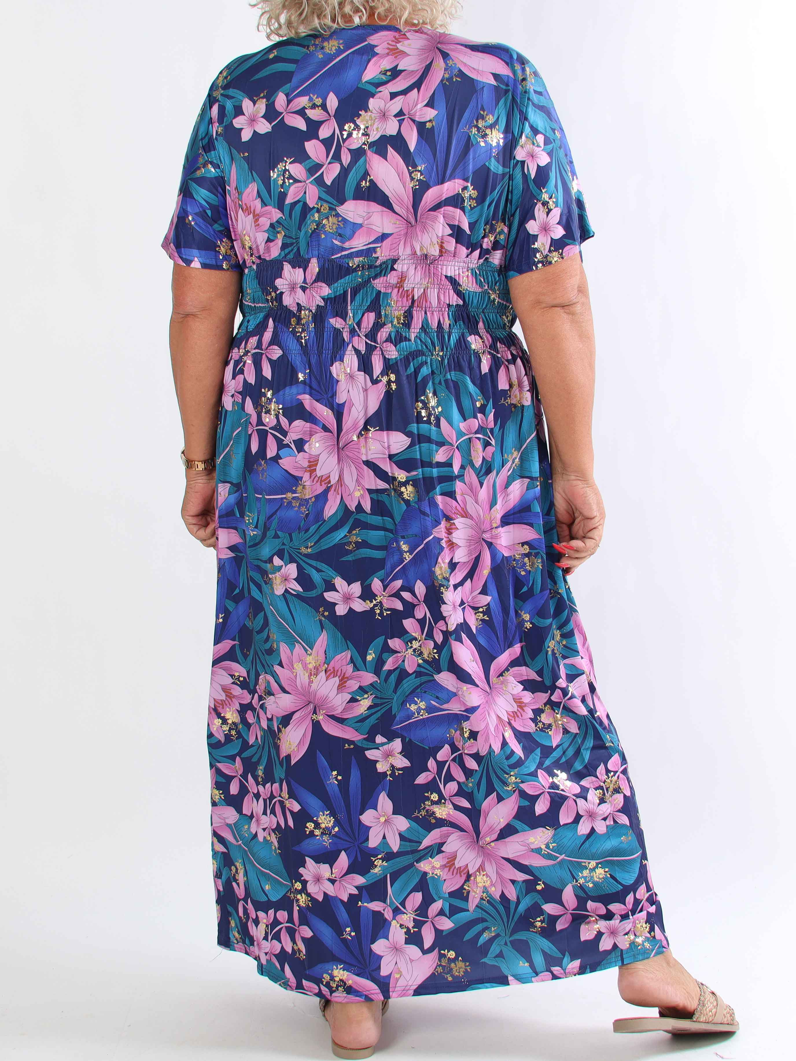 Pams New Leaf - Lang plus size kjole med blomsterprint og guld detaljer