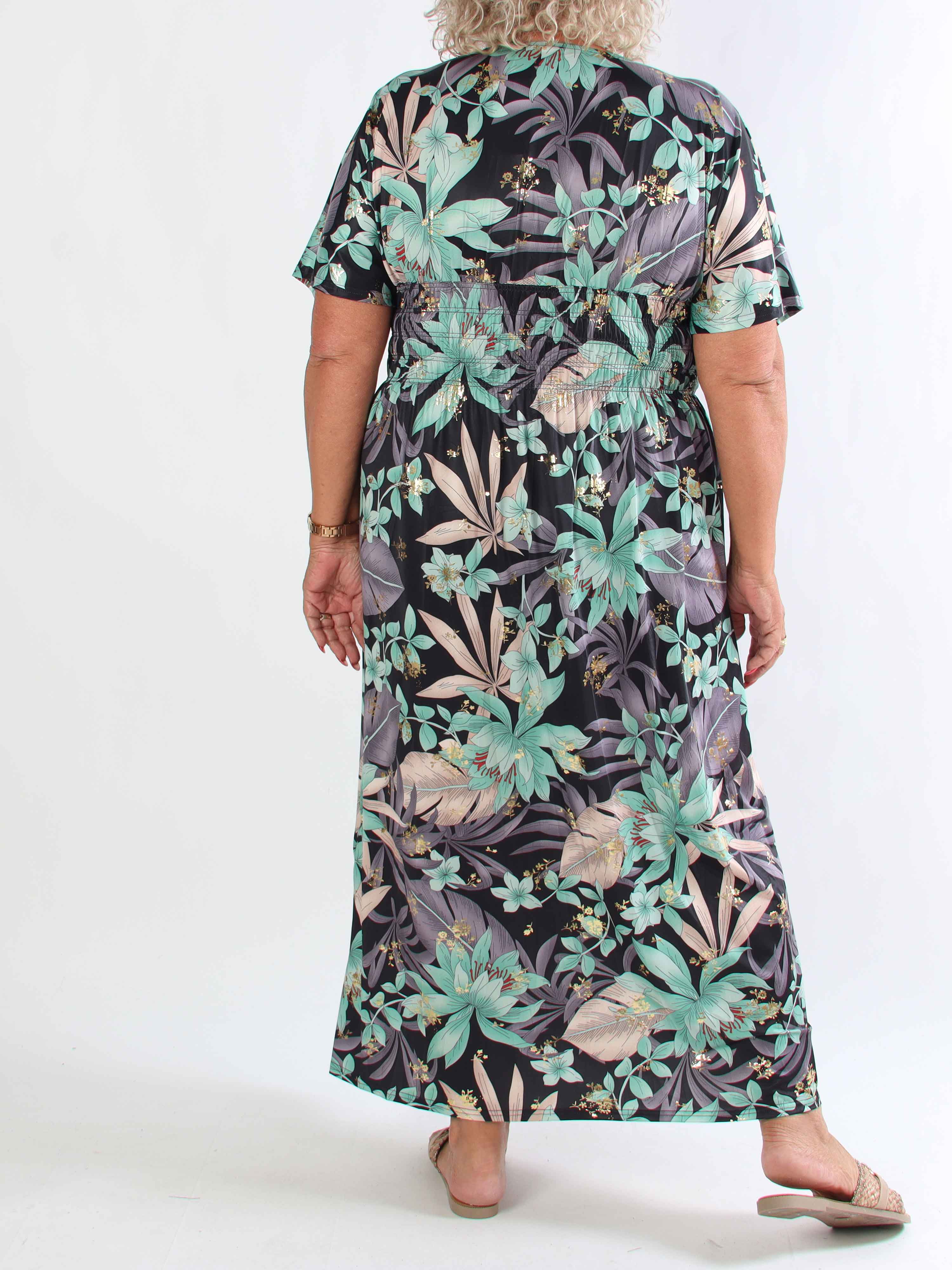 Pams New Leaf - Lang plus size kjole med blomsterprint og guld detaljer