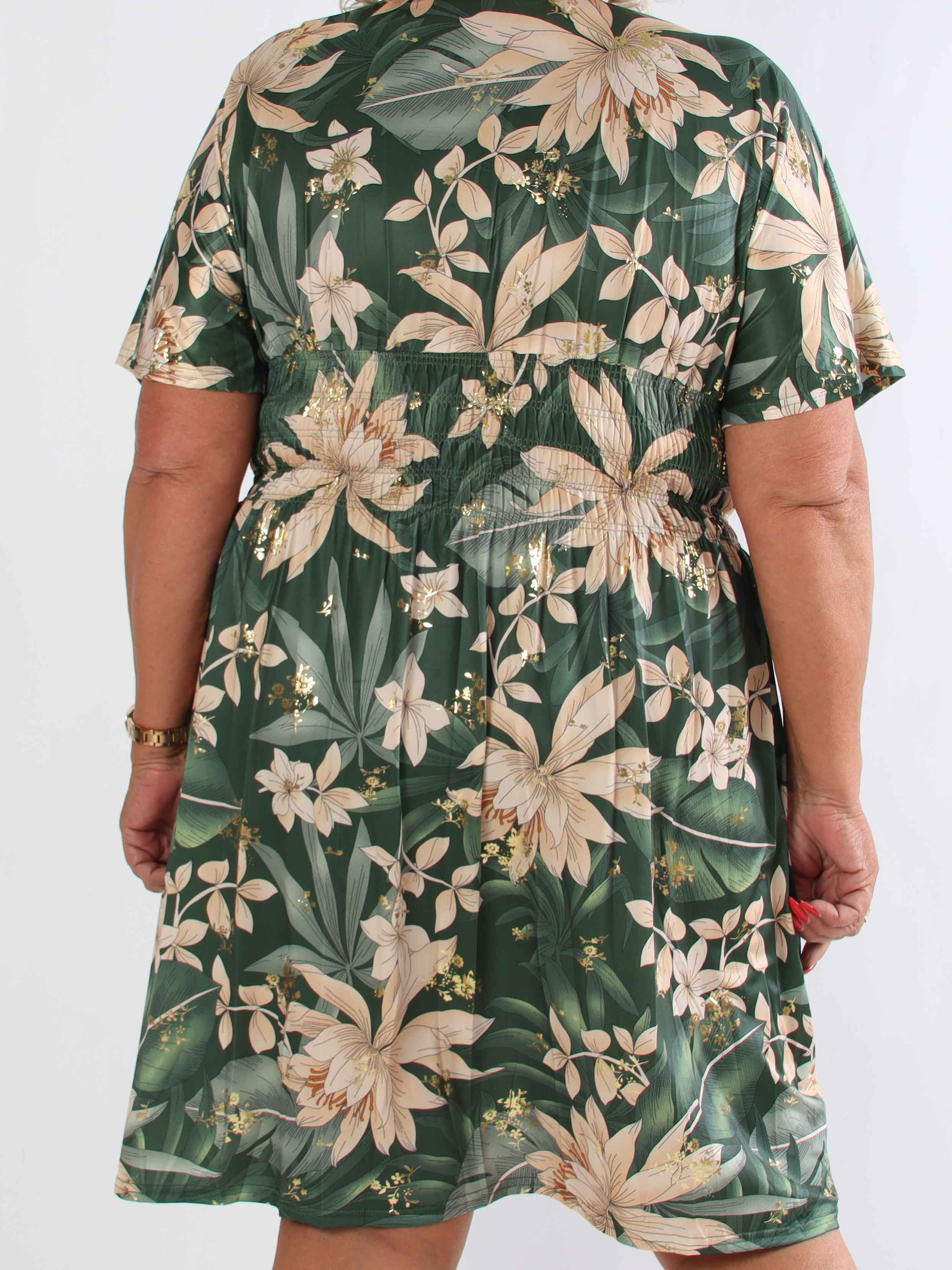 Pams New Leaf Short - Plus size kjole med farvet blomsterprint og guld detaljer