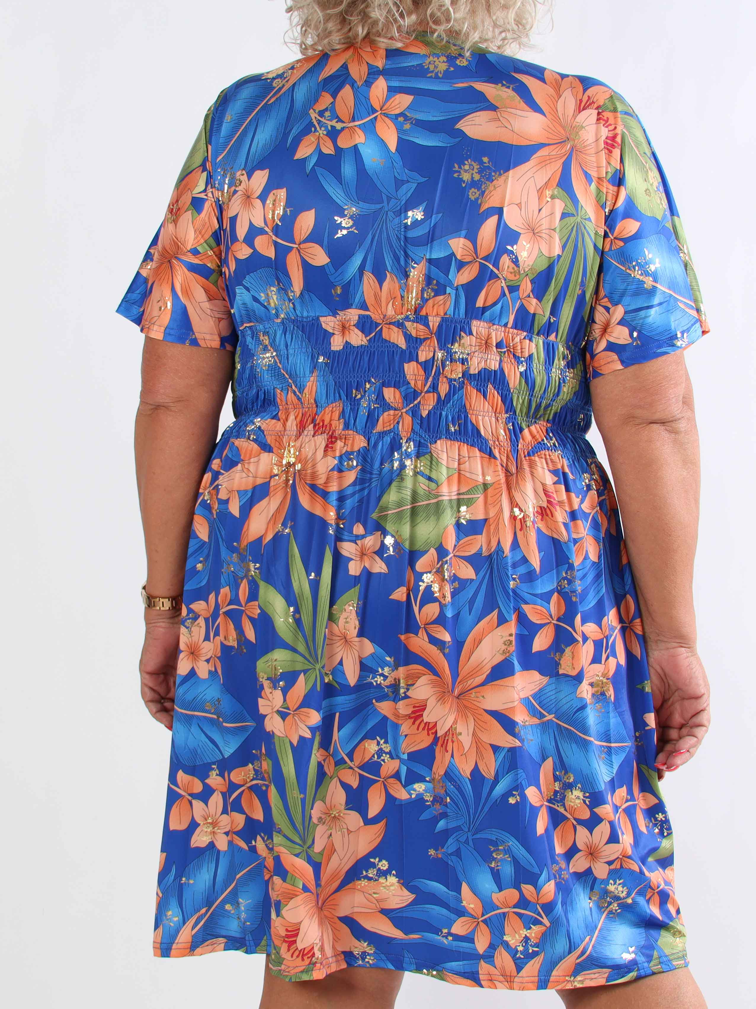 Pams New Leaf Short - Plus size kjole med farvet blomsterprint og guld detaljer