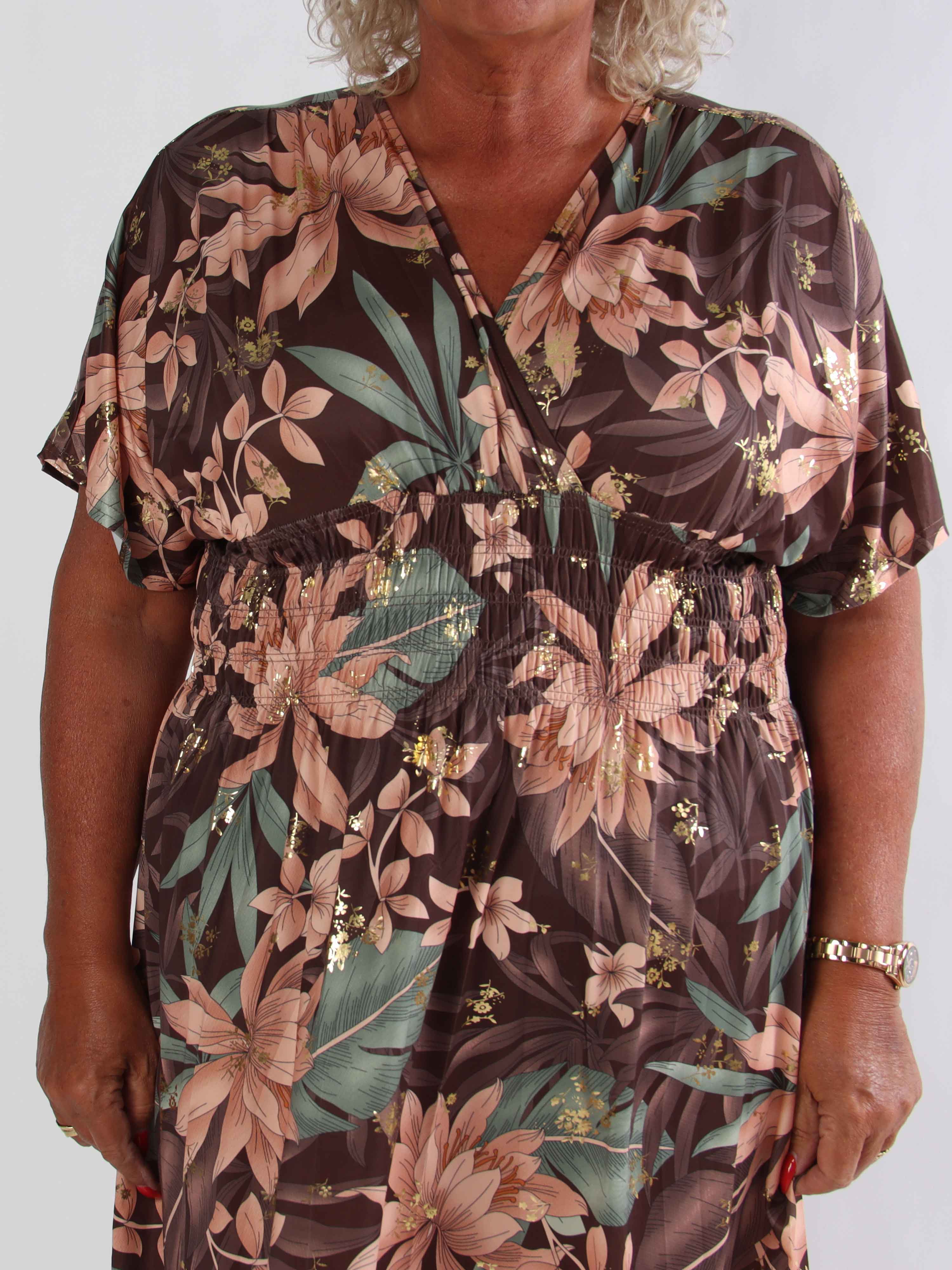 Pams New Leaf Short - Plus size kjole med farvet blomsterprint og guld detaljer