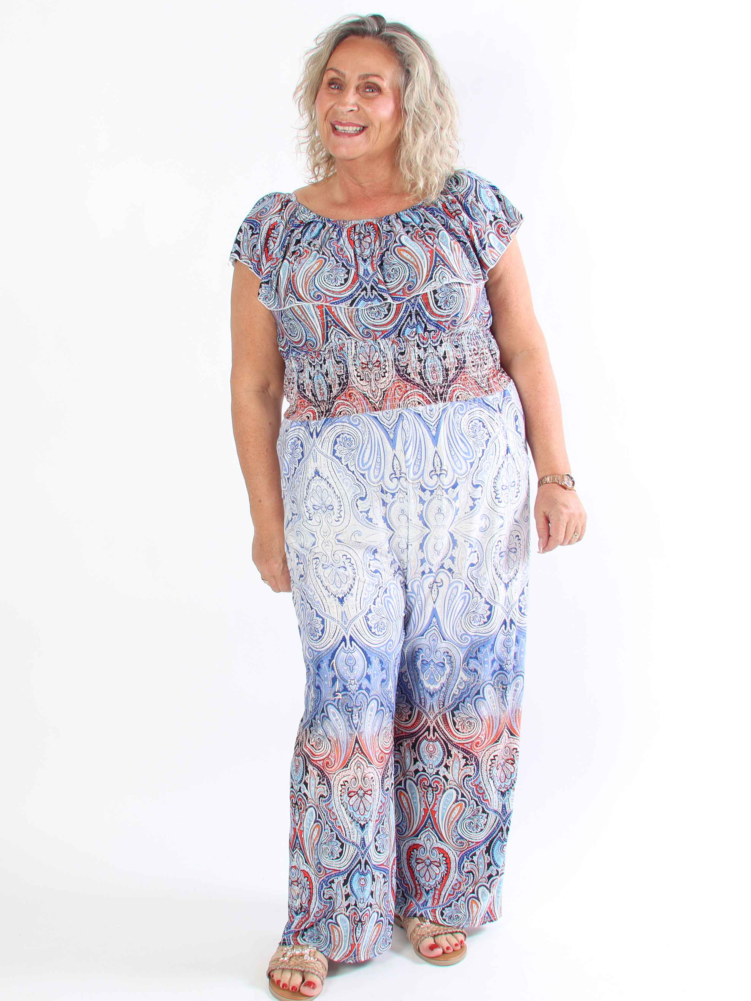 Pams Paisley Frill Jumpsuit - Elastisk buksedragt i plus size med smock og flæse