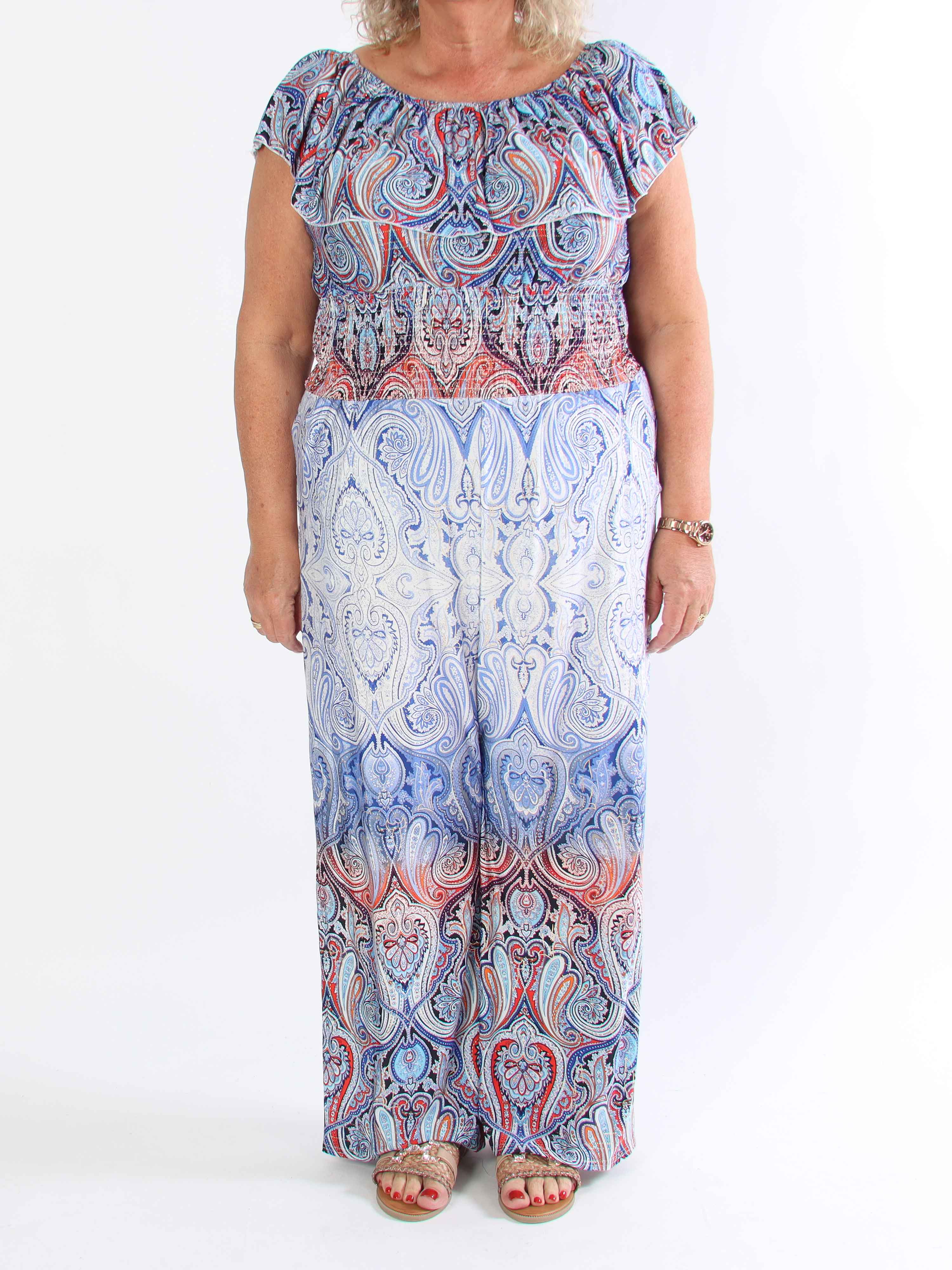Pams Paisley Frill Jumpsuit - Elastisk buksedragt i plus size med smock og flæse