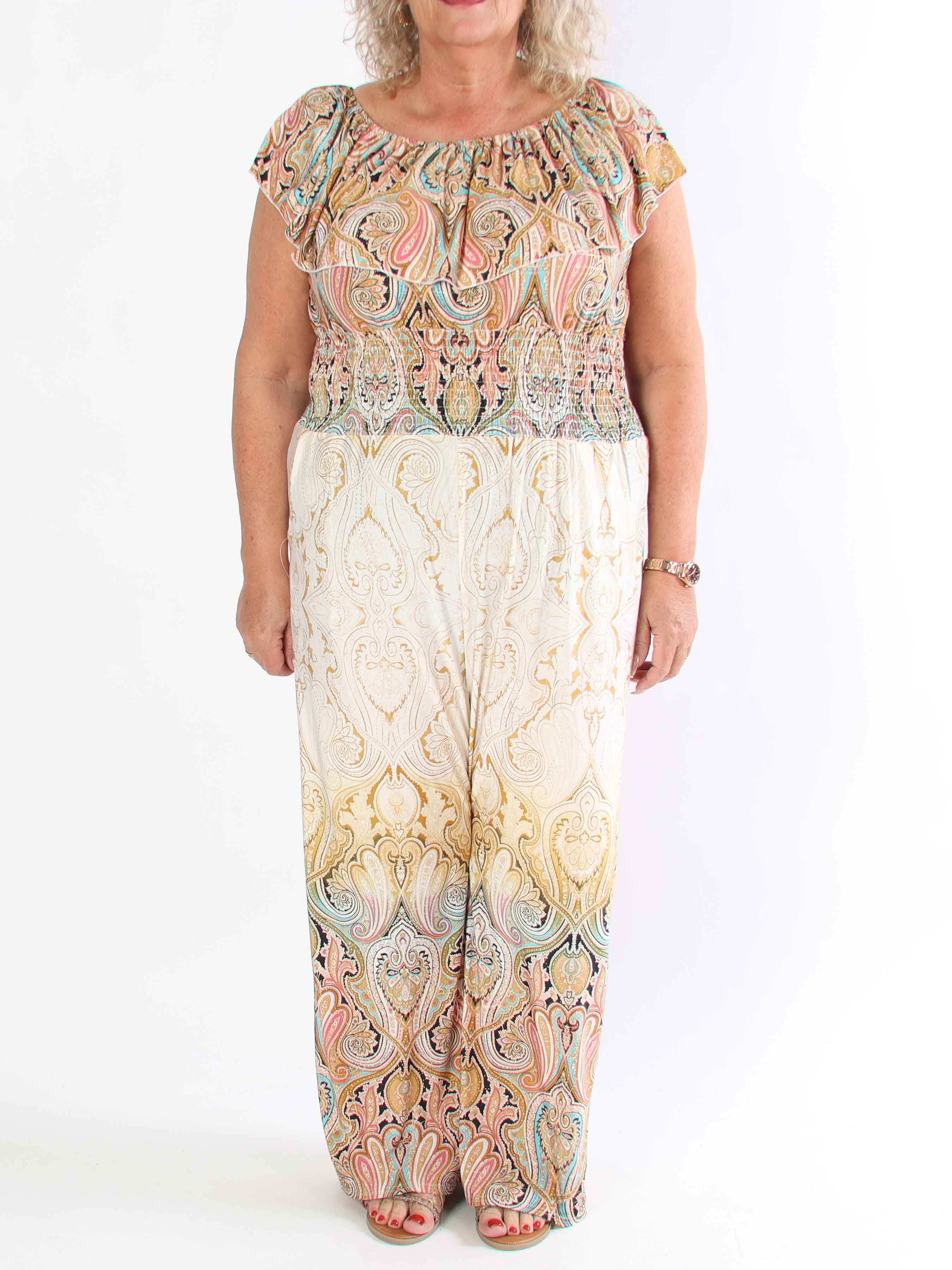 Pams Paisley Frill Jumpsuit - Elastisk buksedragt i plus size med smock og flæse