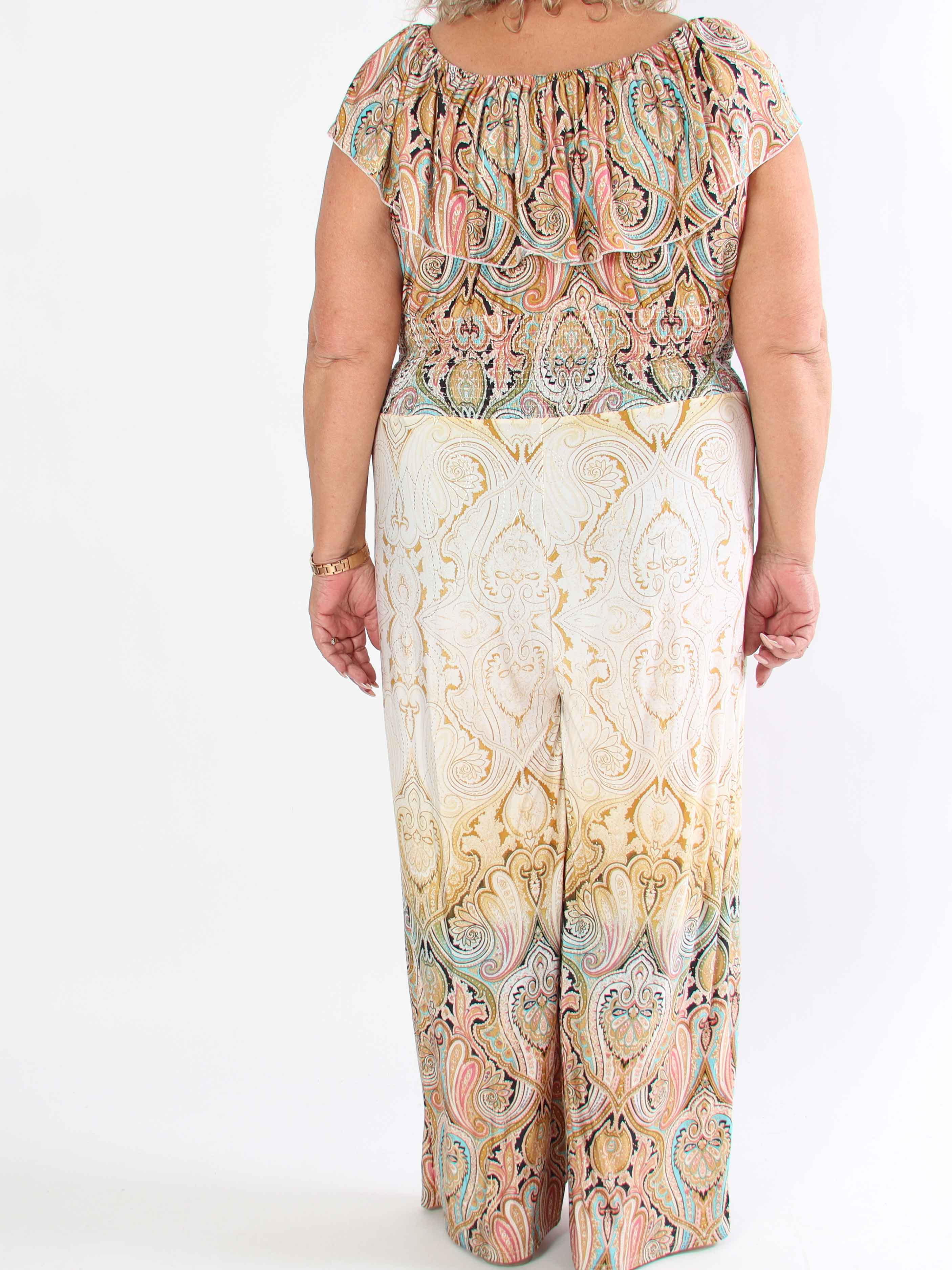 Pams Paisley Frill Jumpsuit - Elastisk buksedragt i plus size med smock og flæse