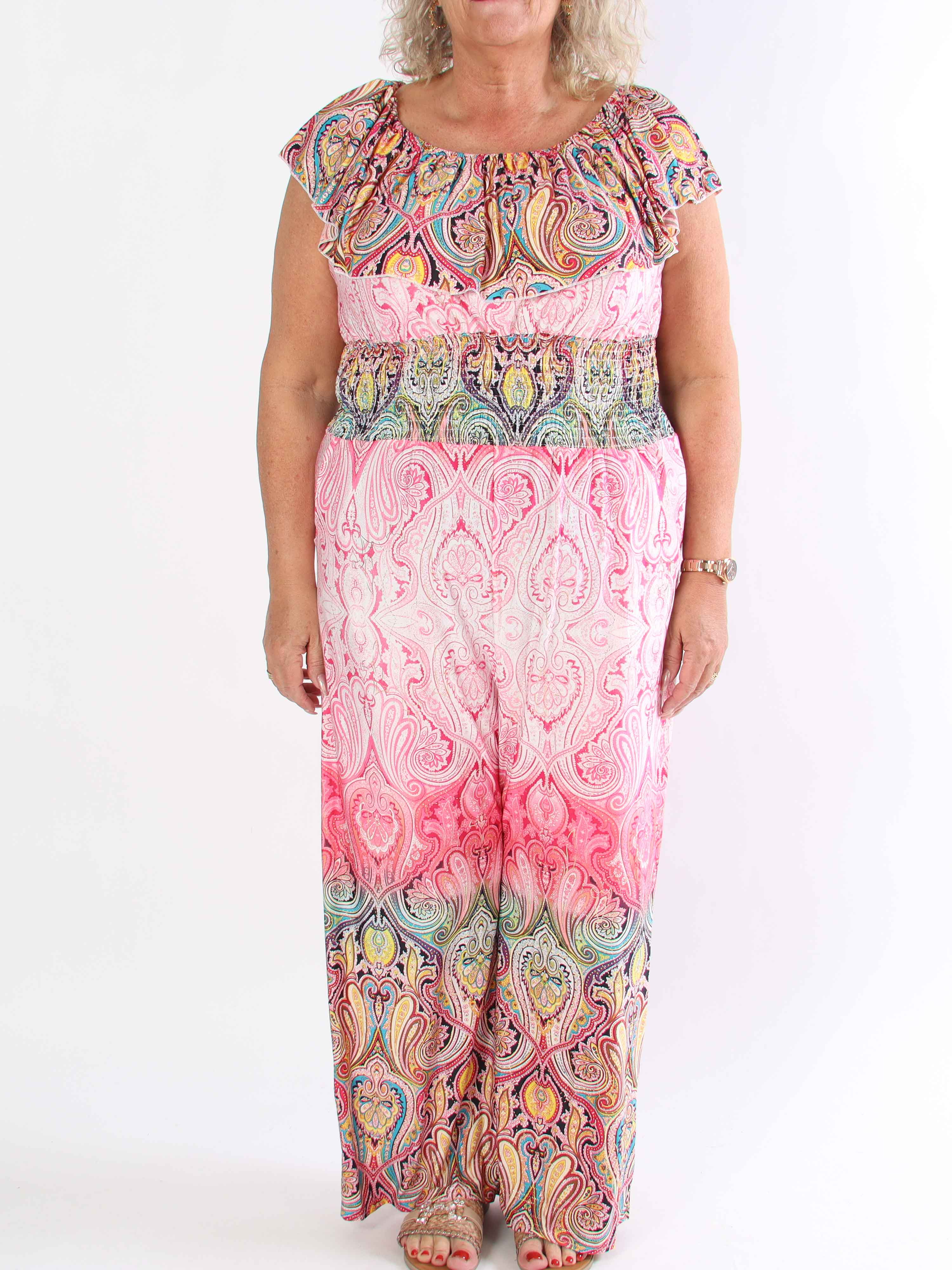 Pams Paisley Frill Jumpsuit - Elastisk buksedragt i plus size med smock og flæse