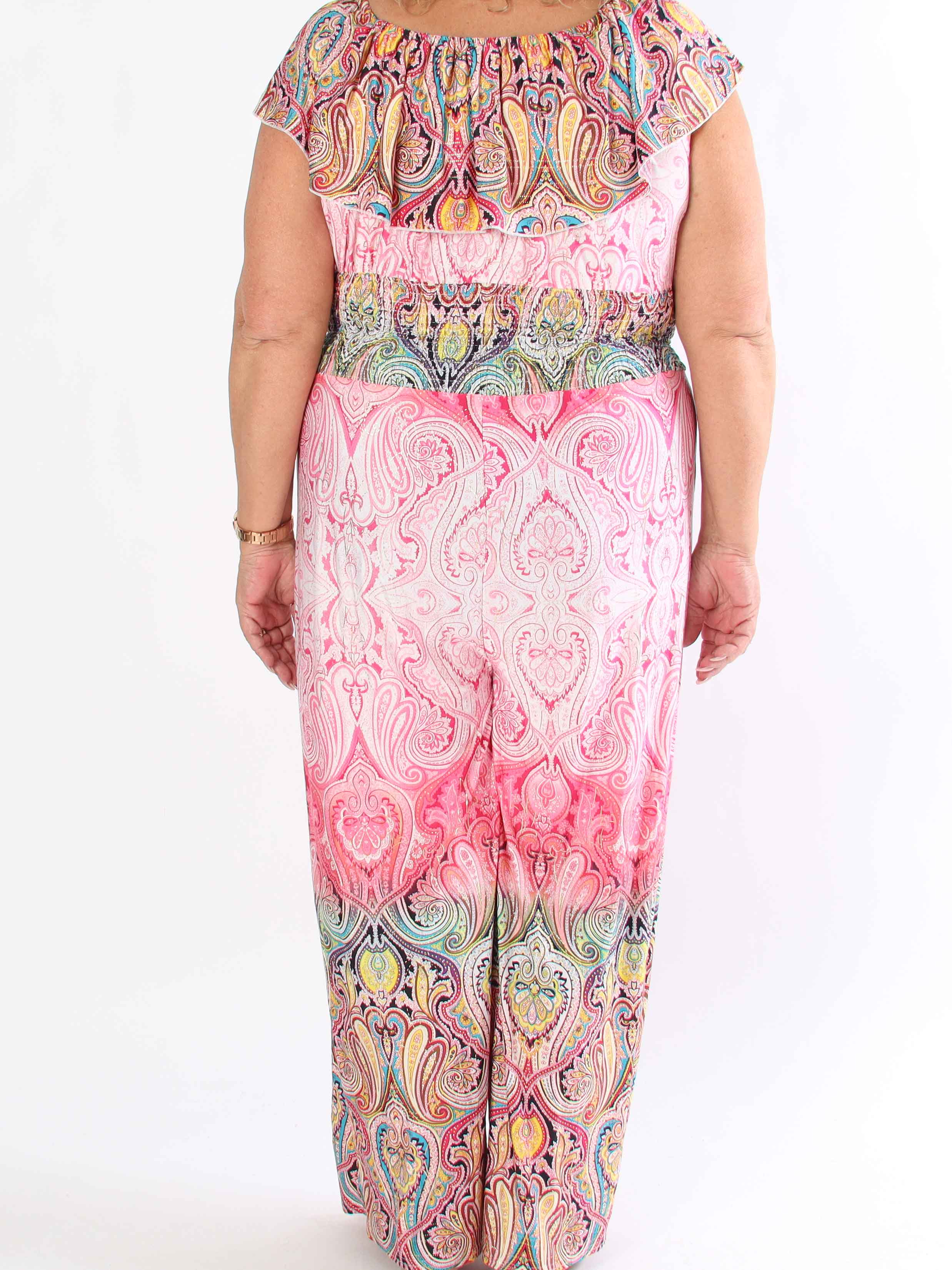 Pams Paisley Frill Jumpsuit - Elastisk buksedragt i plus size med smock og flæse