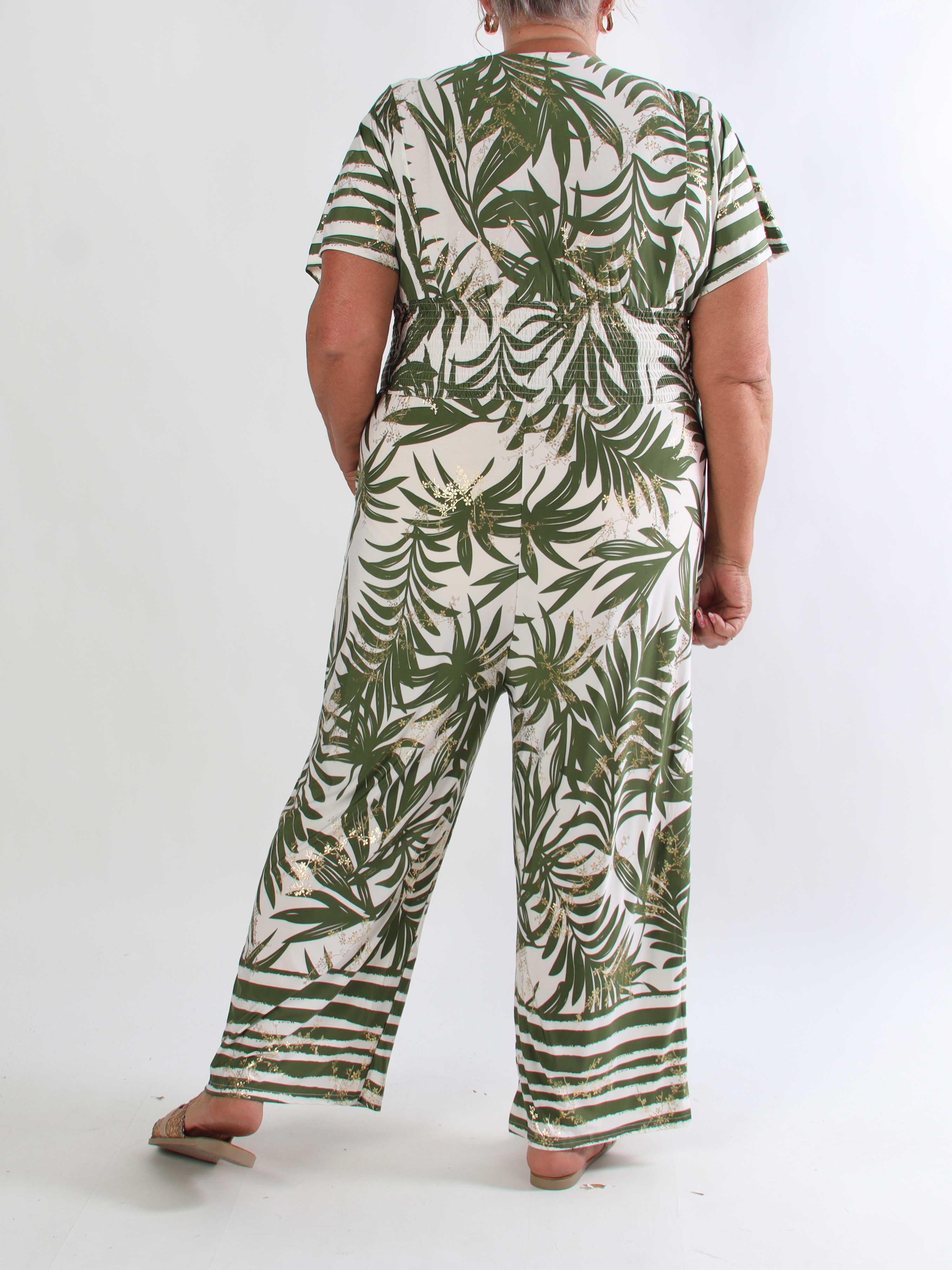 Pams Palm Jumpsuit - Elastisk plus size buksedragt med palmeprint