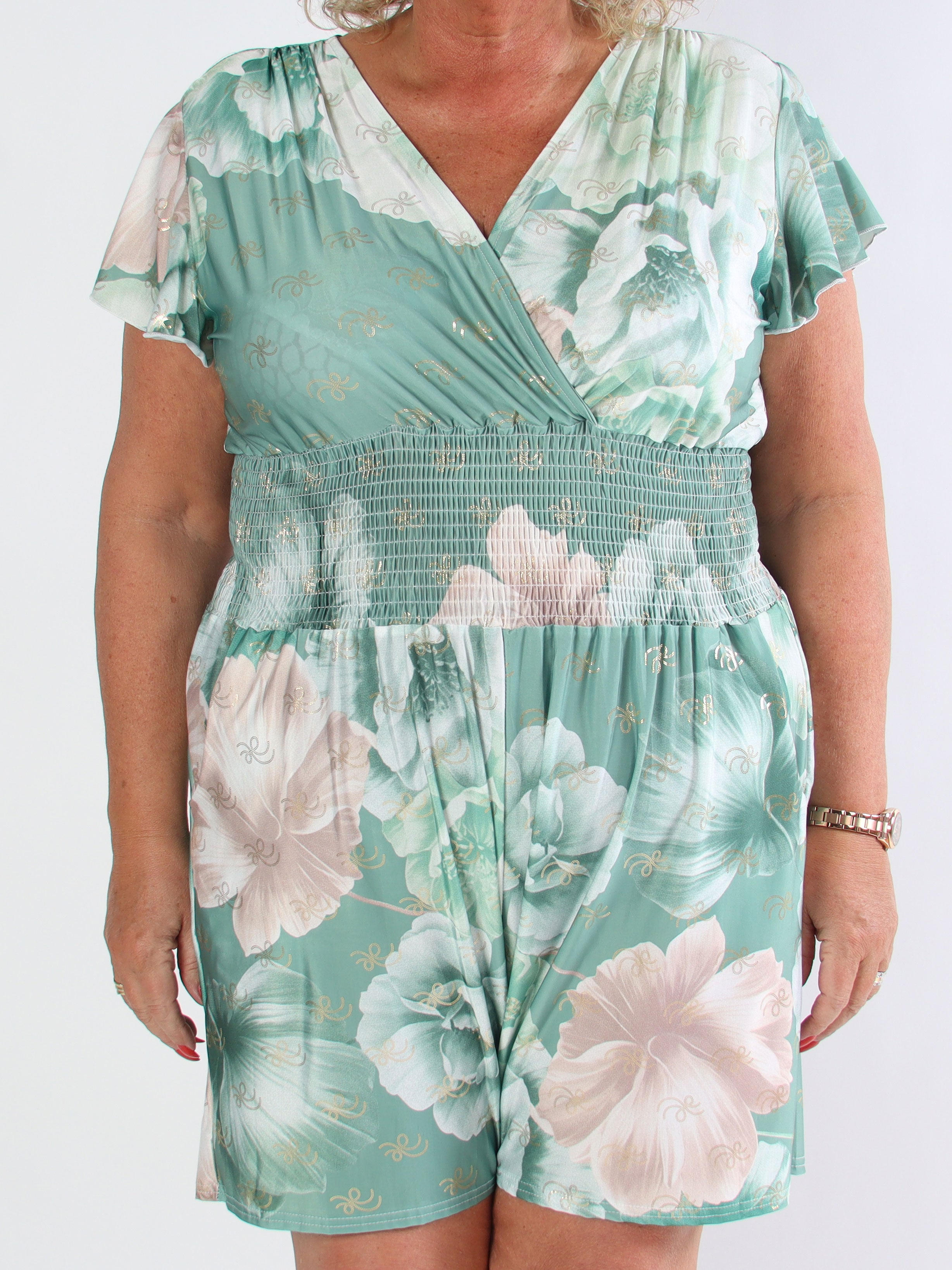 Pams Peony Playsuit - Elastisk plus size buksedragt med blomstermotiv