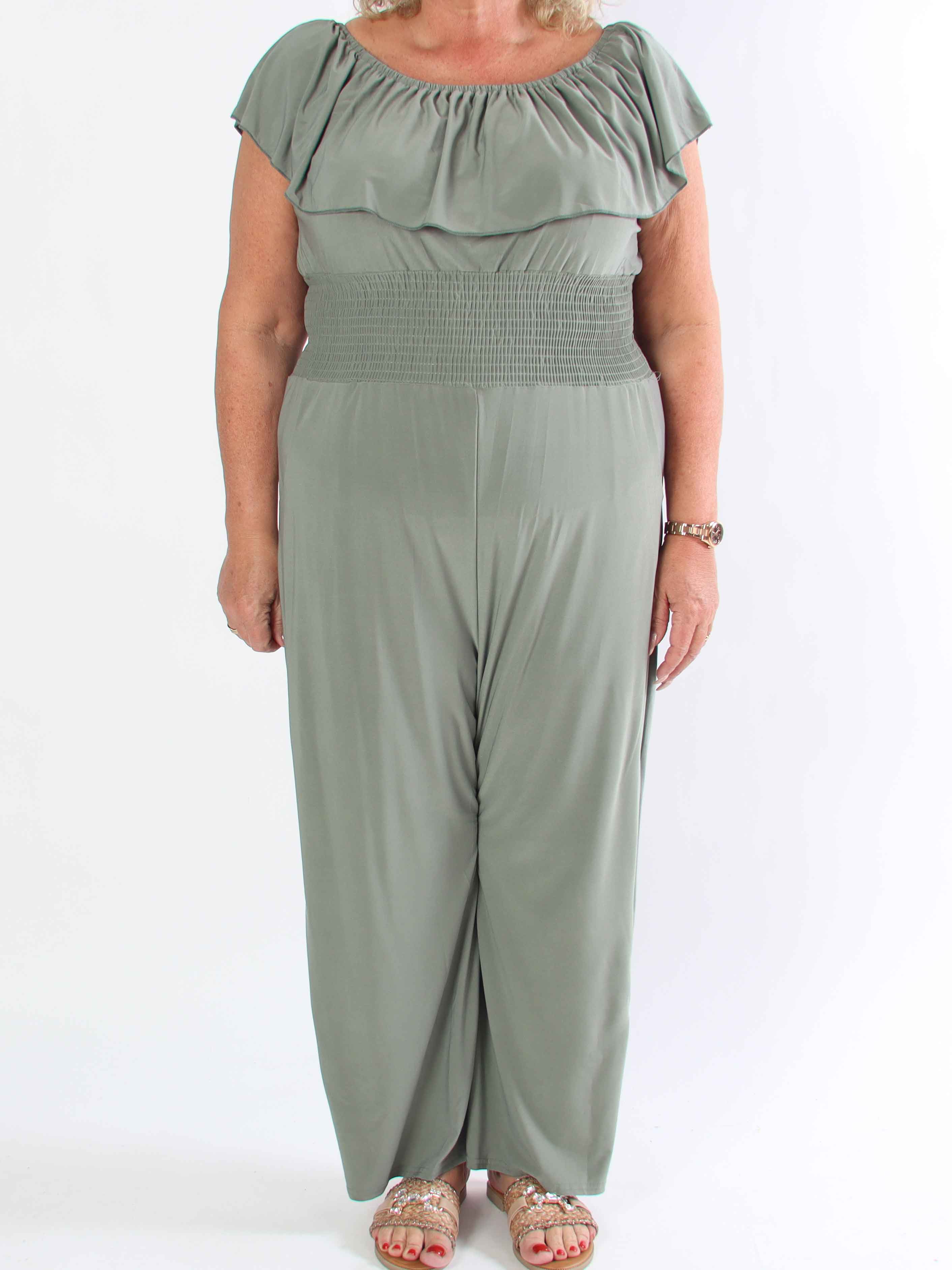 Pams Plain Frill Jumpsuit - Elastisk plus size buksedragt med smock og flæse