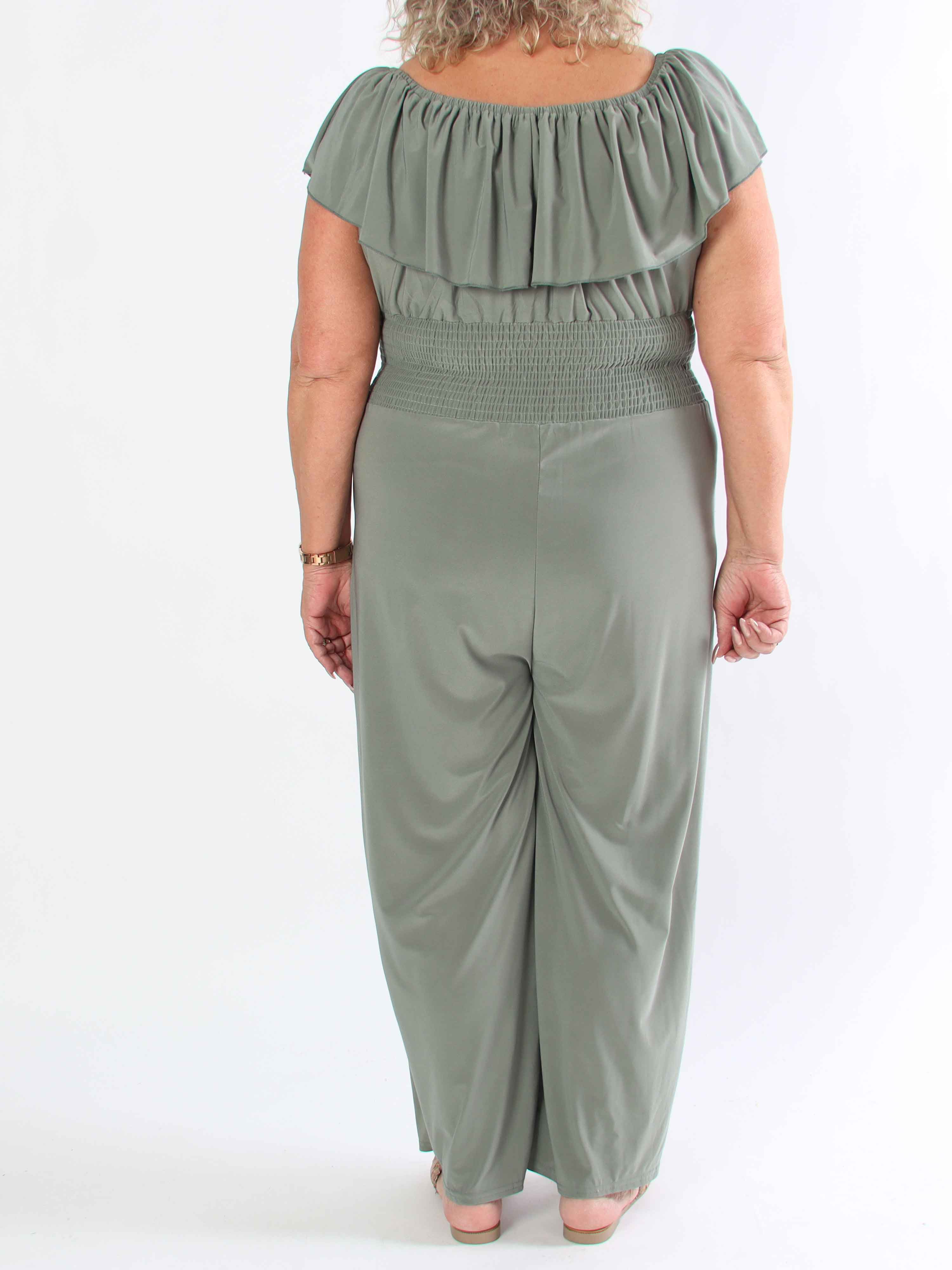 Pams Plain Frill Jumpsuit - Elastisk plus size buksedragt med smock og flæse