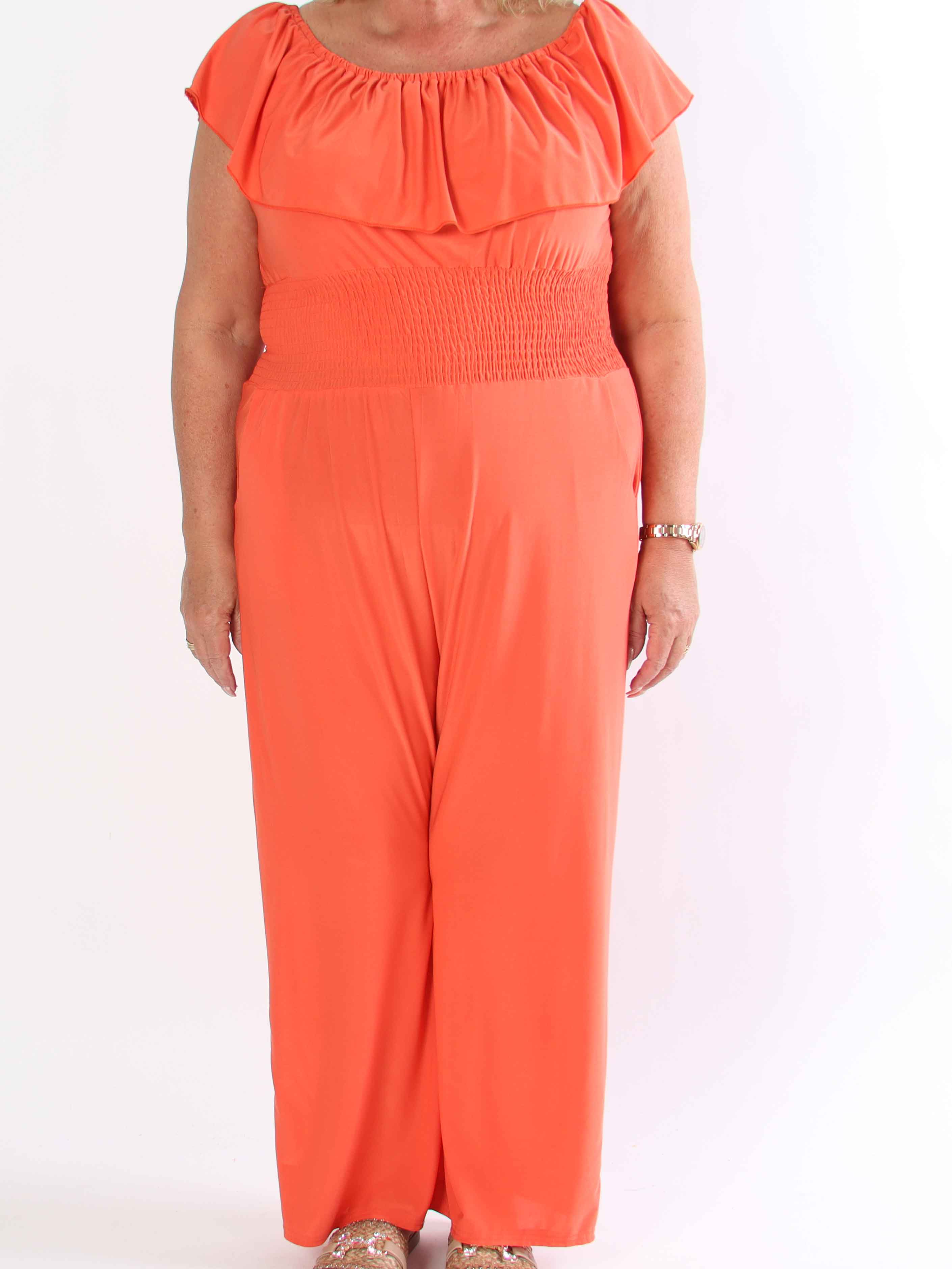 Pams Plain Frill Jumpsuit - Elastisk plus size buksedragt med smock og flæse